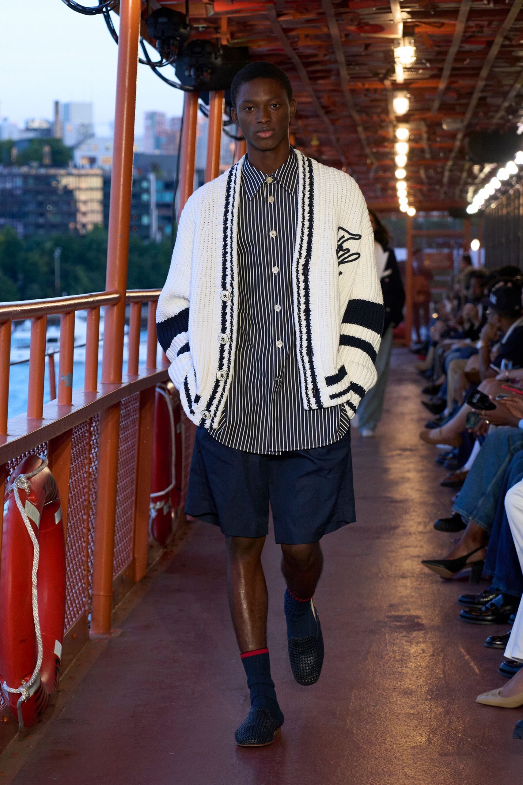 white cotton long-sleeve relaxed striped layered cardigan