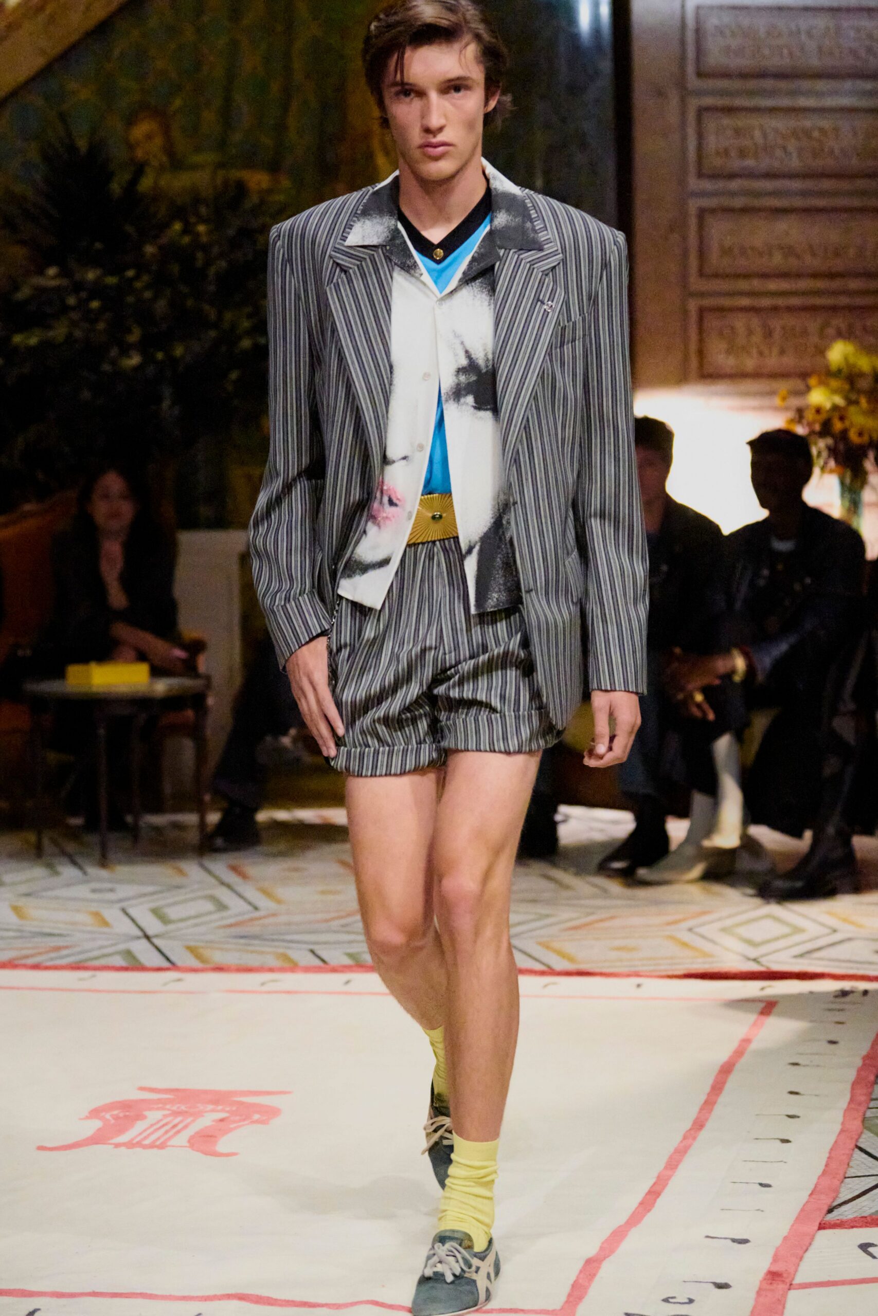 striped gray suit with shorts