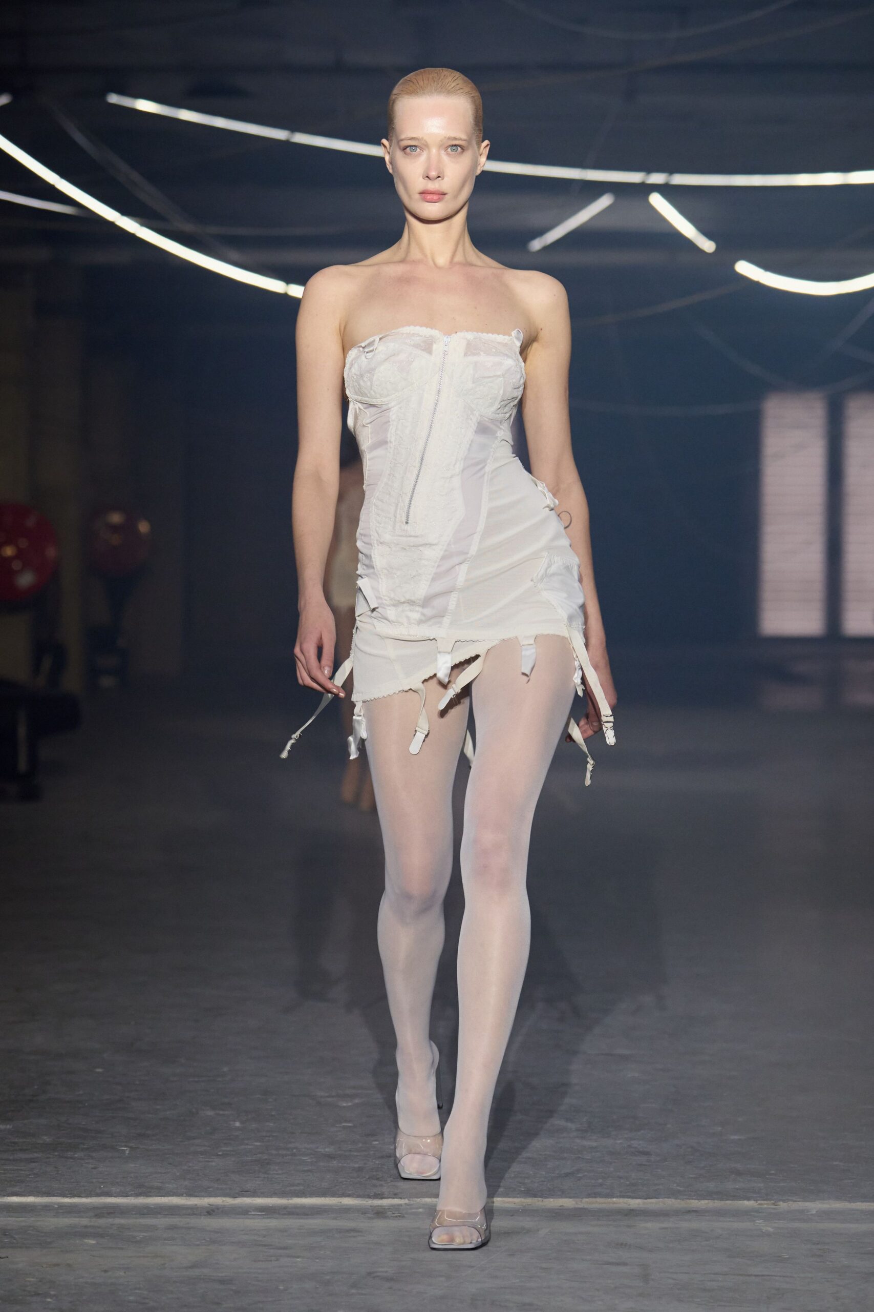 white silk strapless fitted ruched sheer mini dress