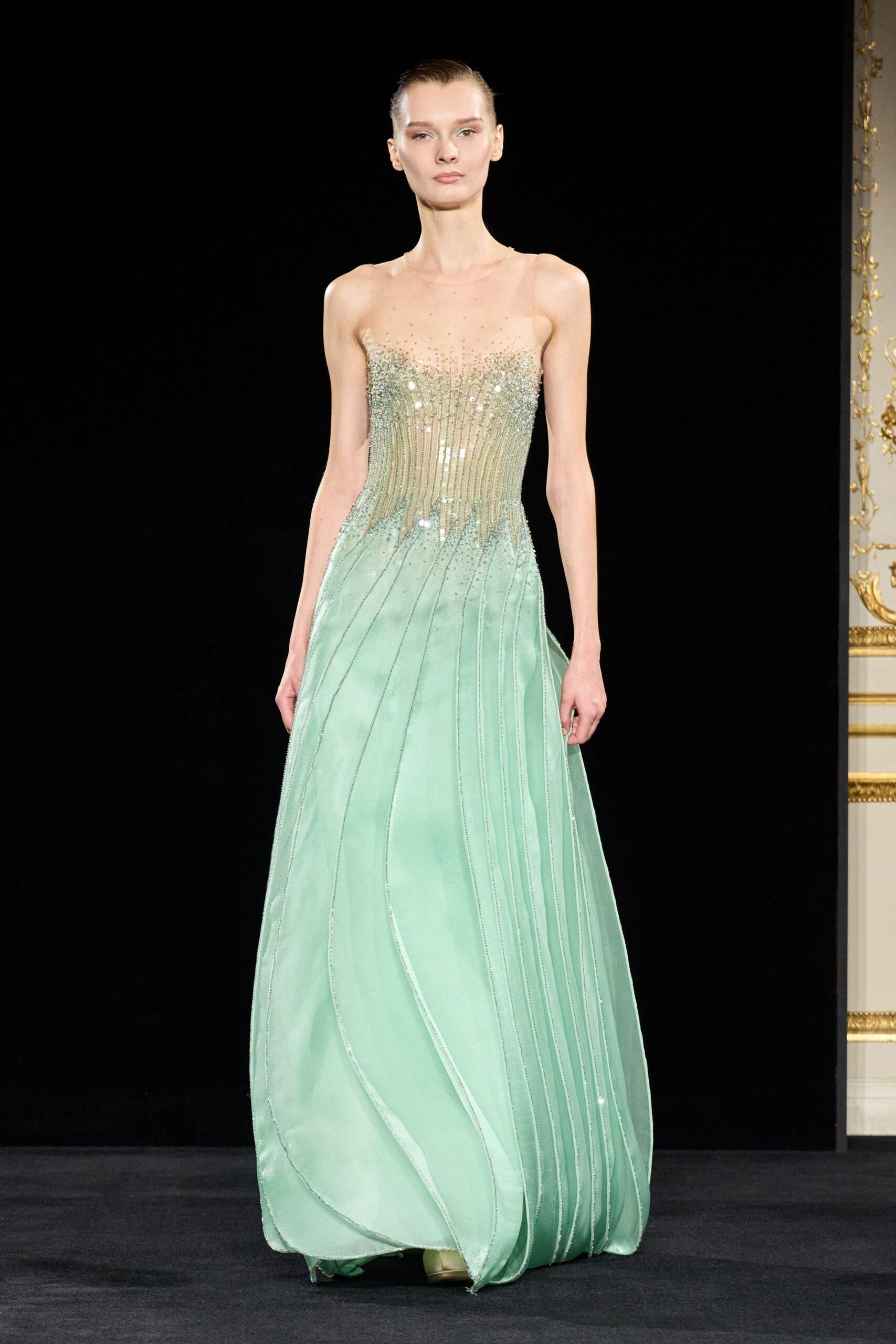 green silk strapless gown