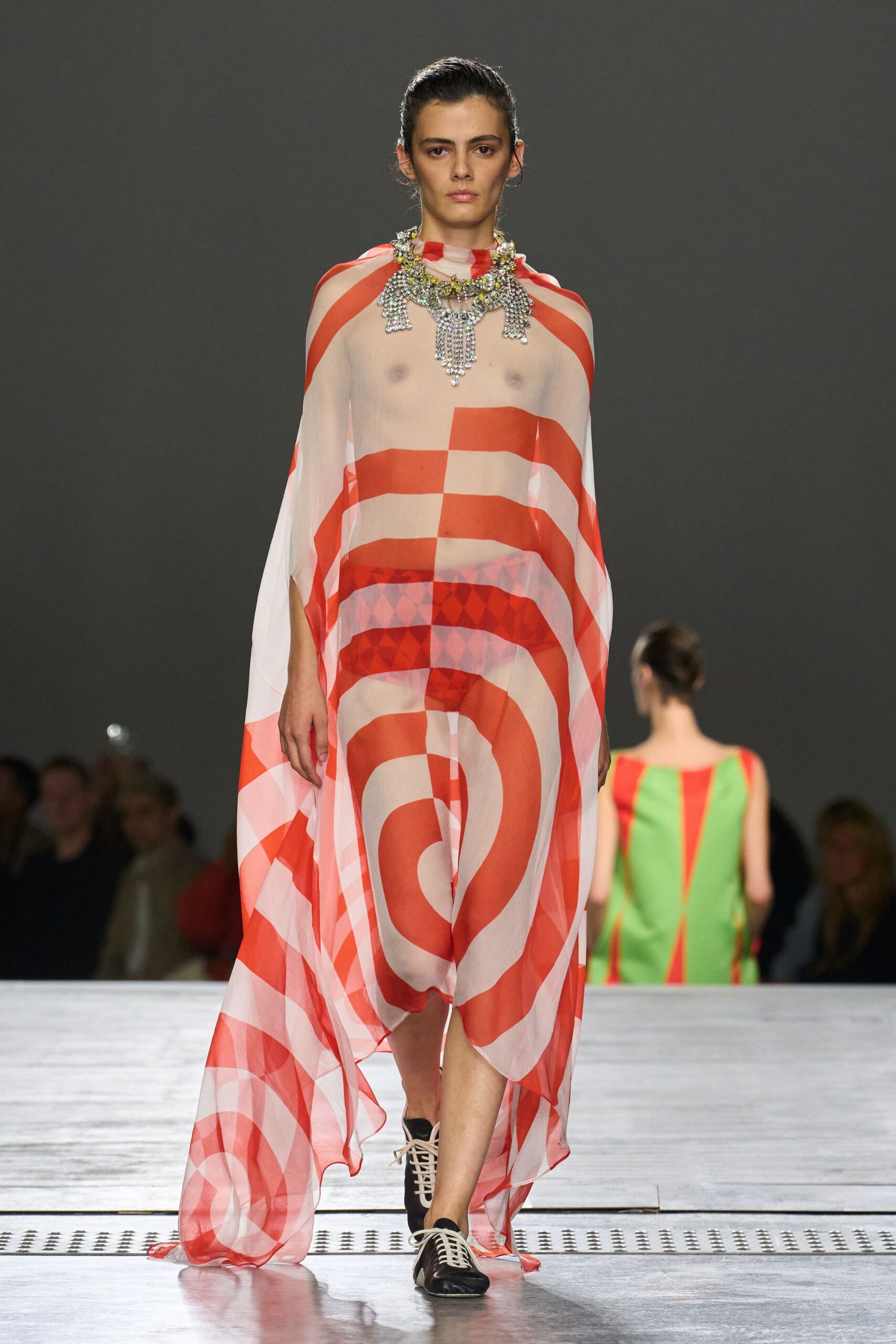 red chiffon sleeveless high-neck relaxed layered printed gown