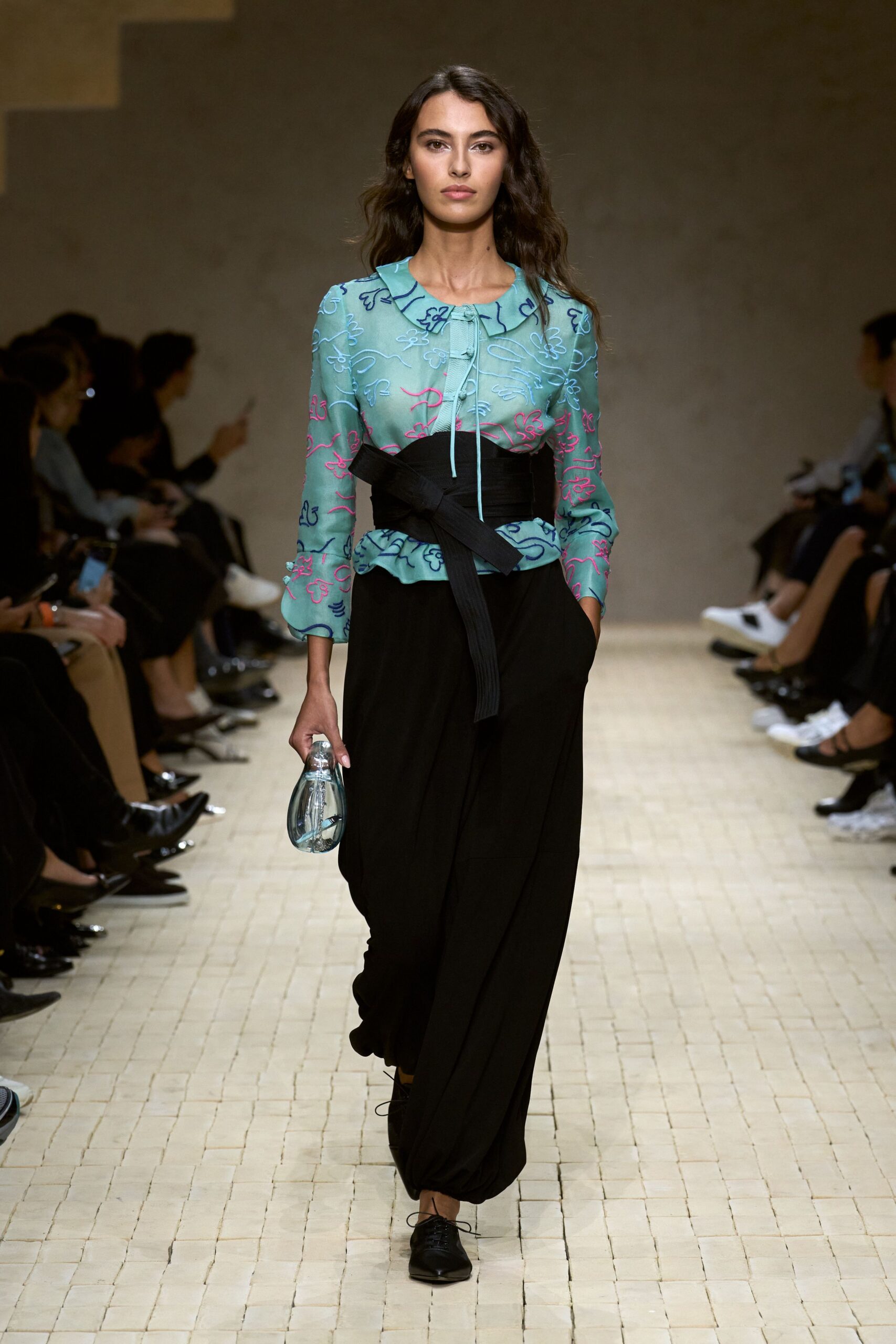 blue silk long-sleeve collared fitted embroidered blouse