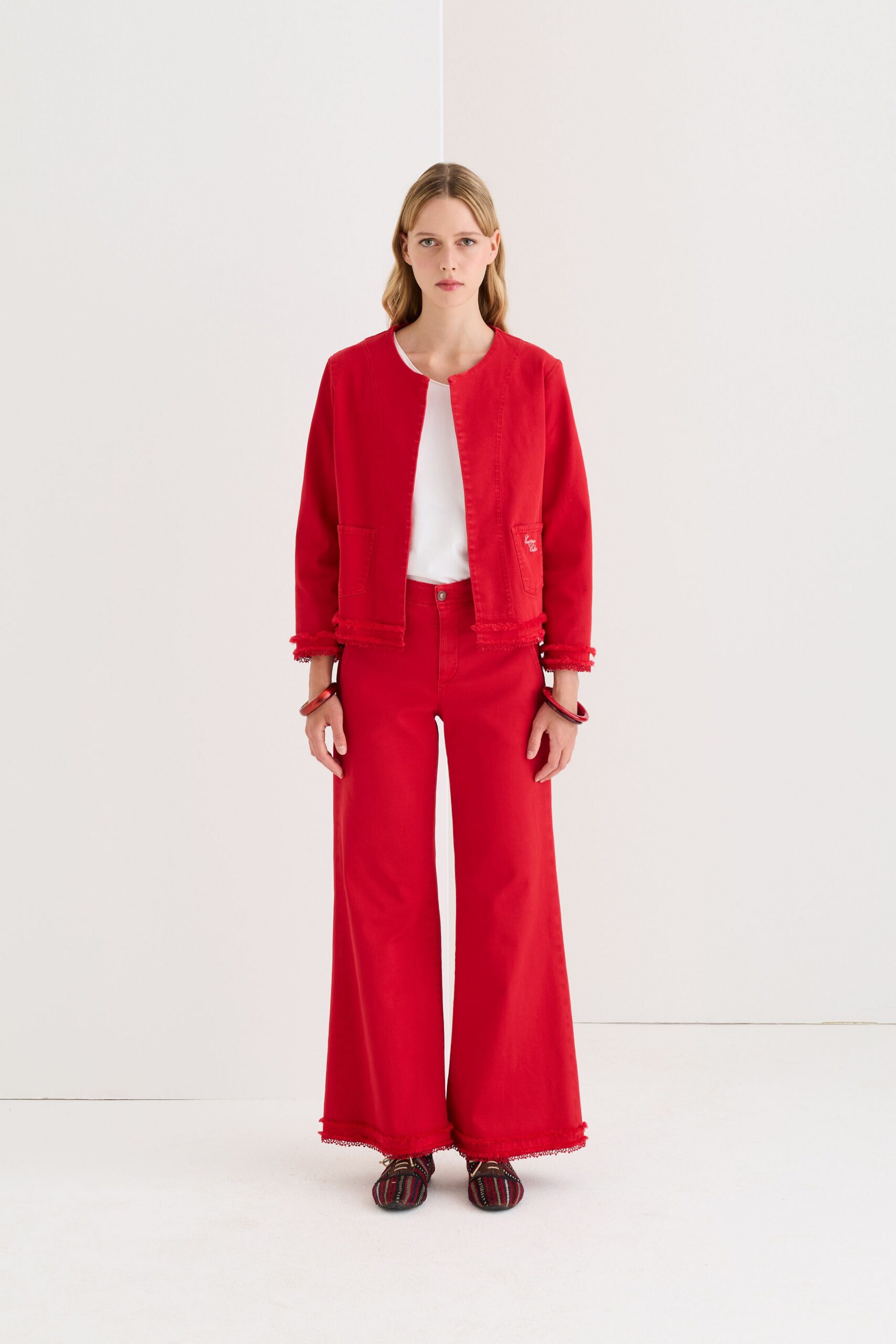 red cotton long-sleeve collared relaxed buttoned jacket