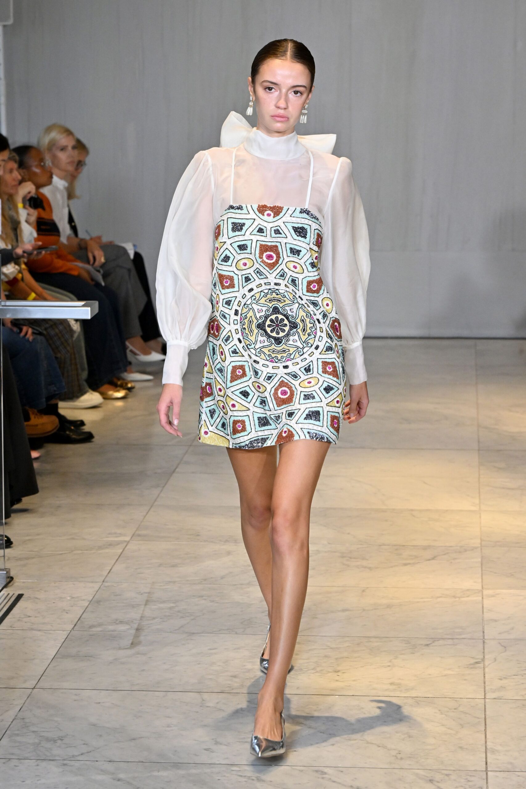 white silk long-sleeve high-neck fitted embroidered mini dress