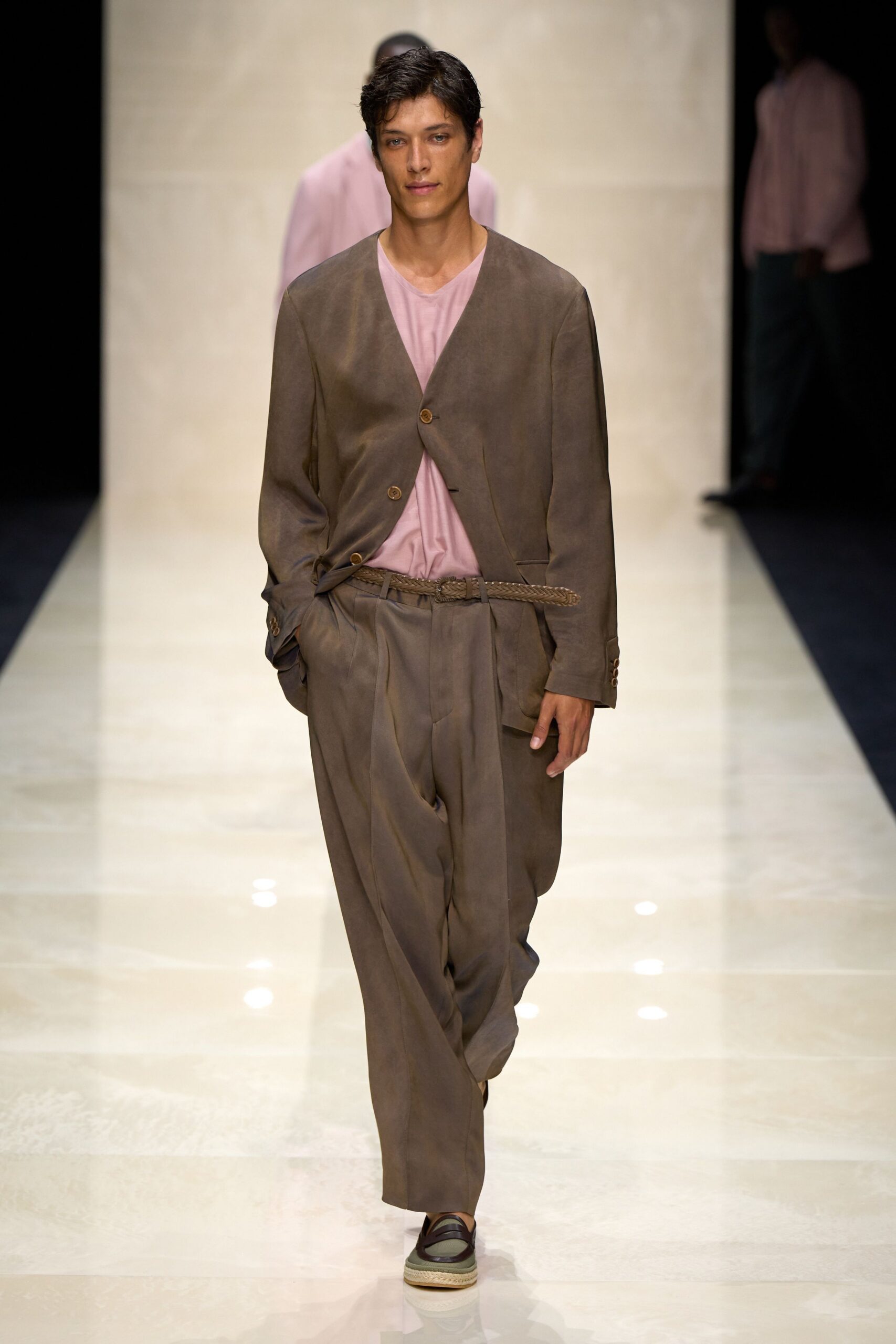brown leather long-sleeve collared relaxed buttoned jacket