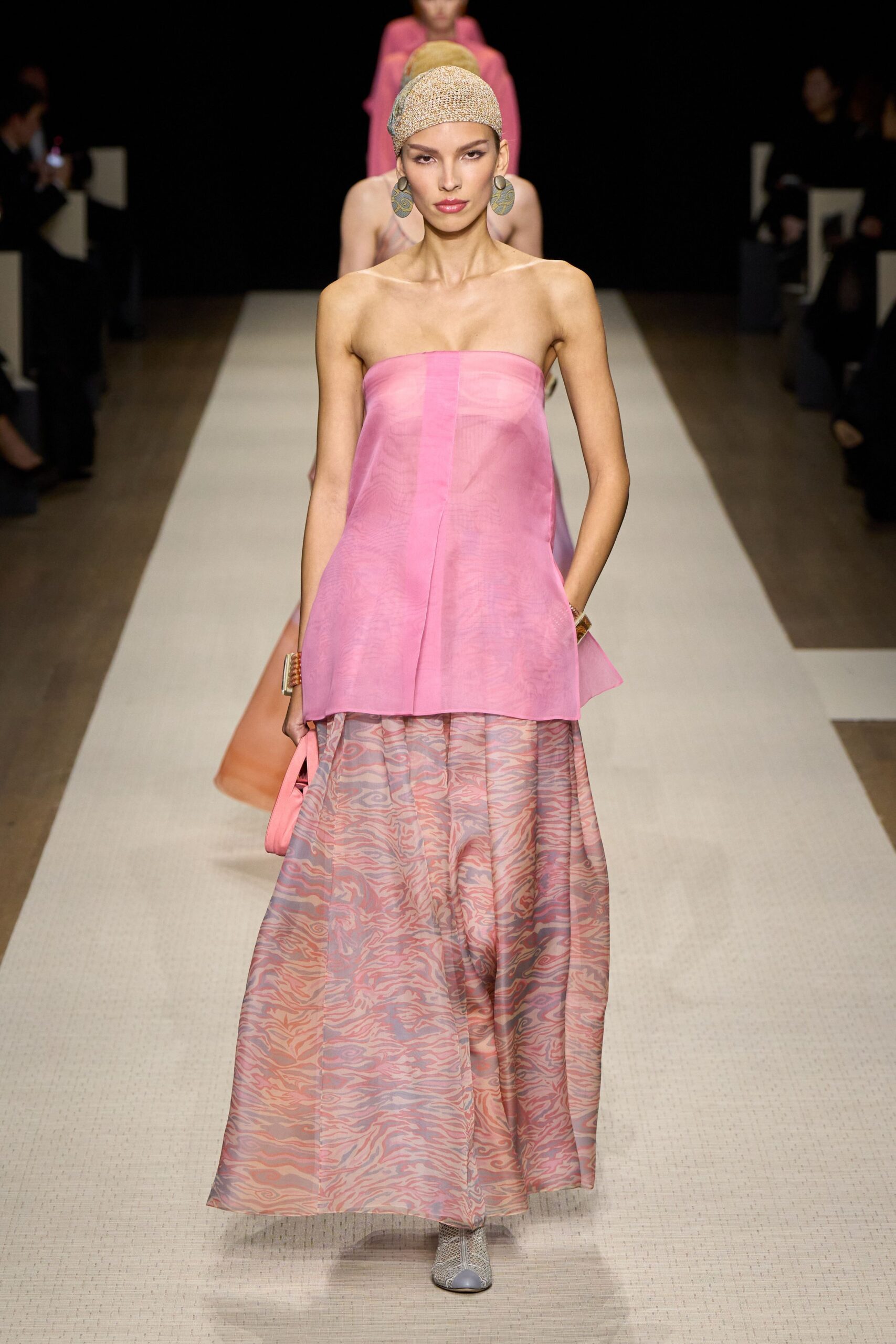 pink silk strapless top and maxi skirt