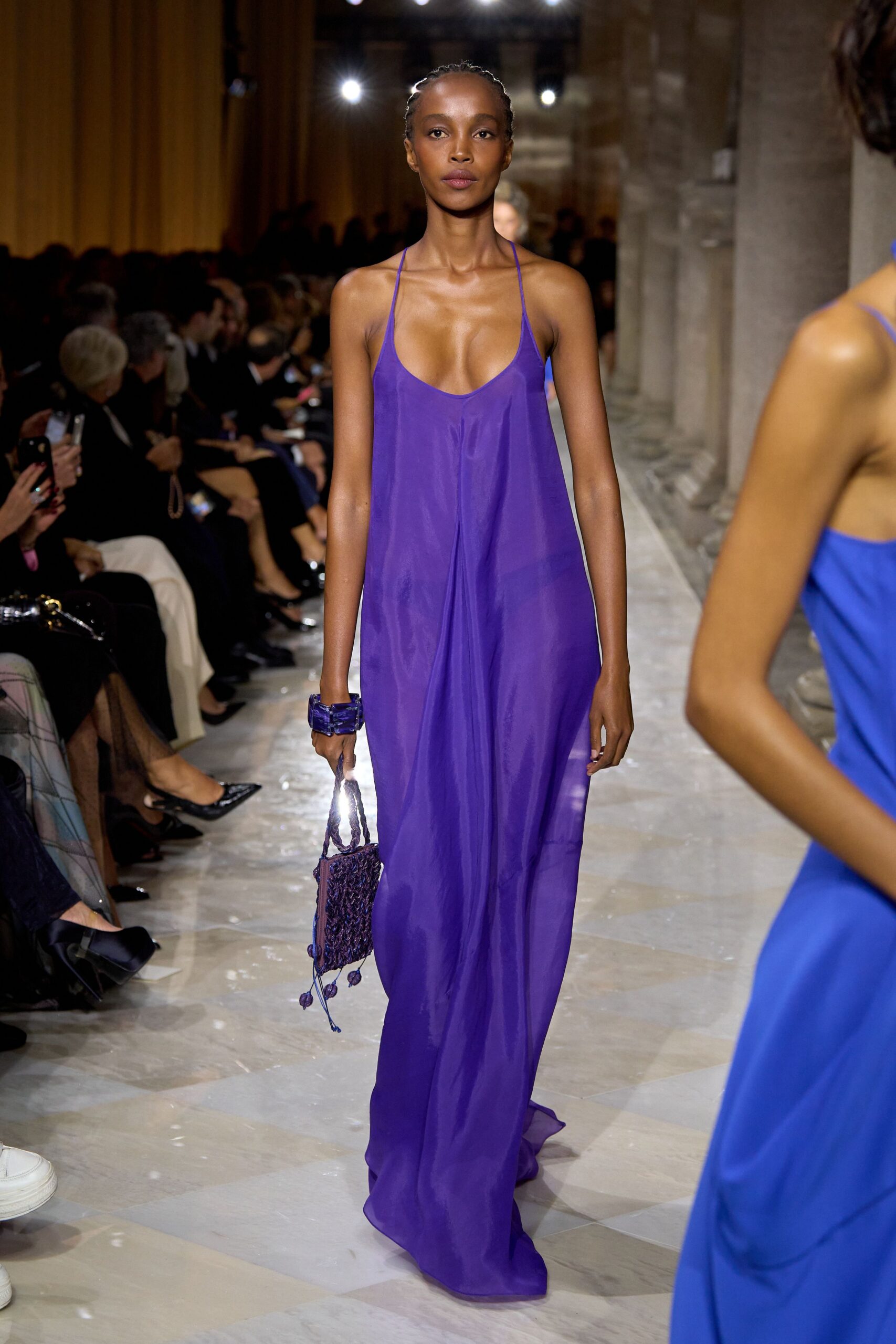 purple silk sleeveless v-neck relaxed flowing sheer gown