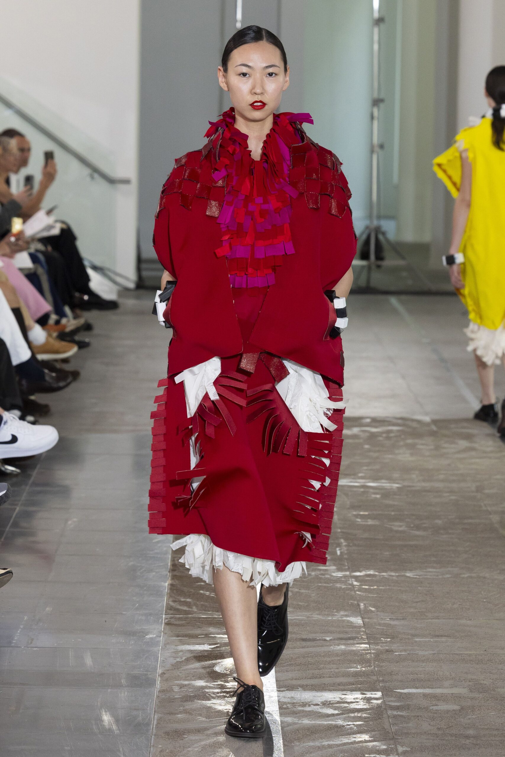red cotton long-sleeve collared relaxed fringed layered dress
