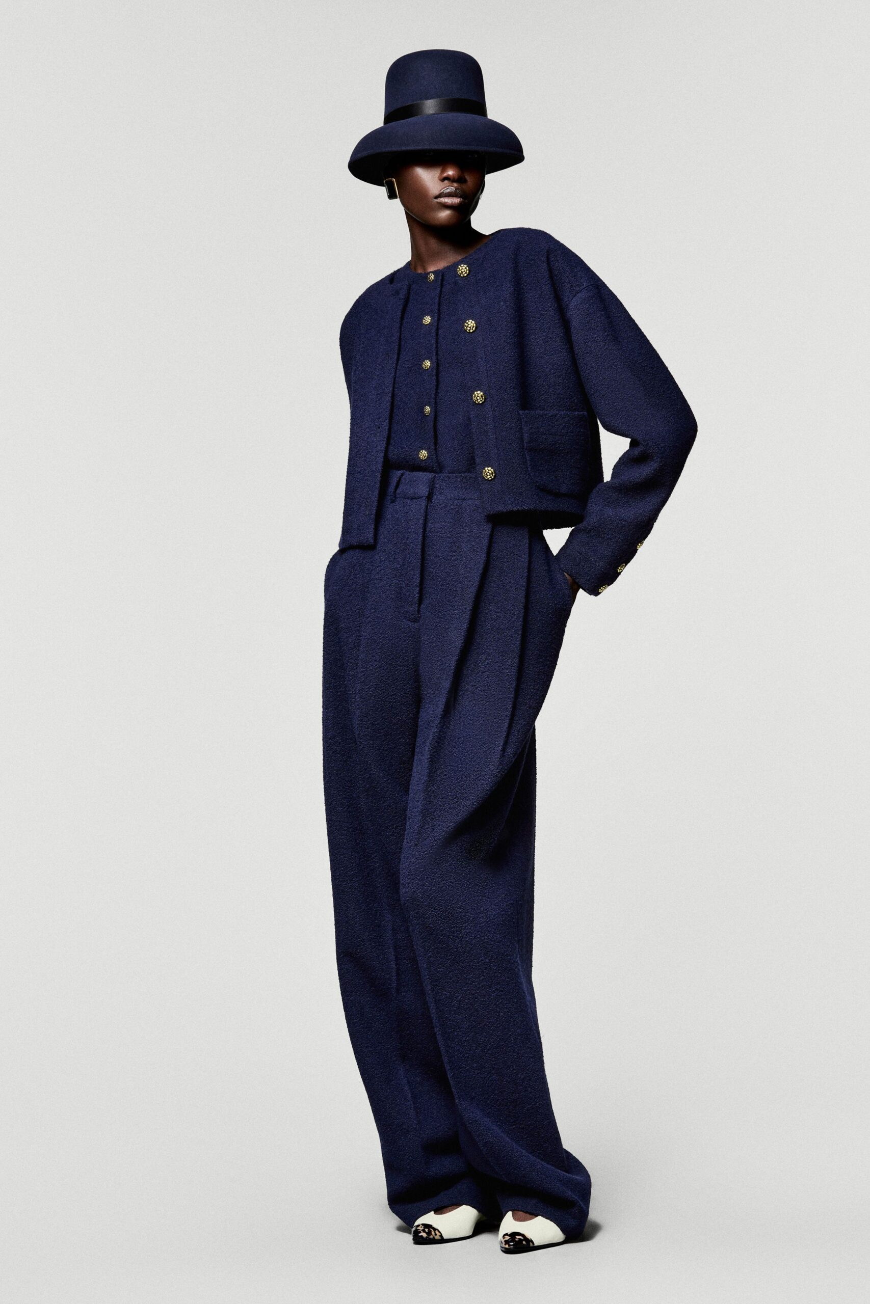 blue wool long-sleeve collared structured buttoned jacket