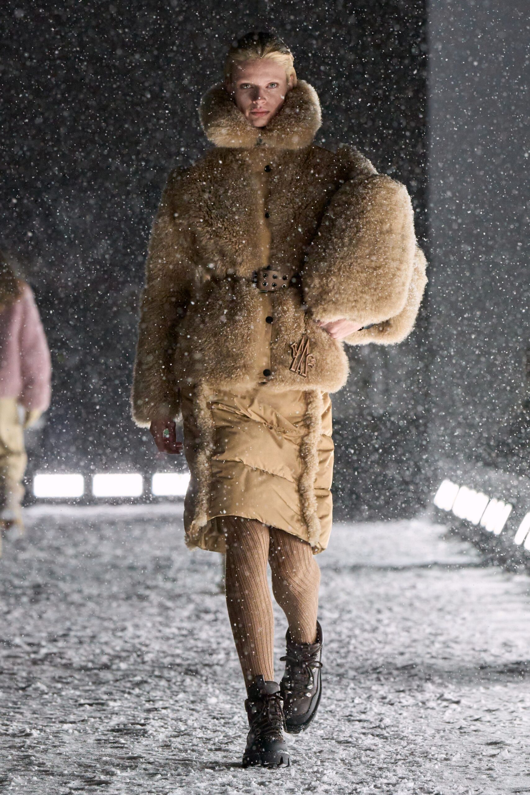 beige faux-fur coat with gold skirt