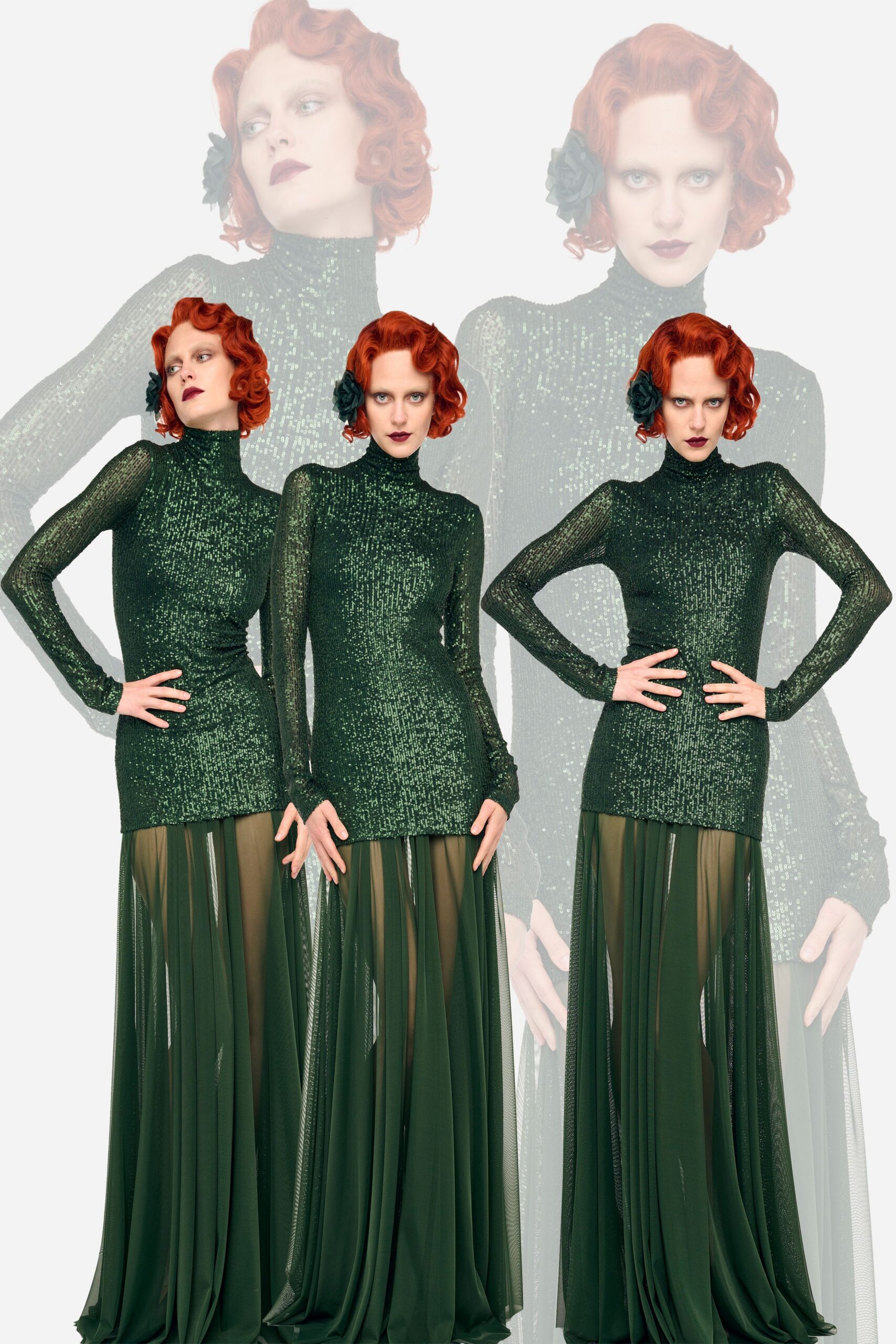 green sequined long-sleeve gown