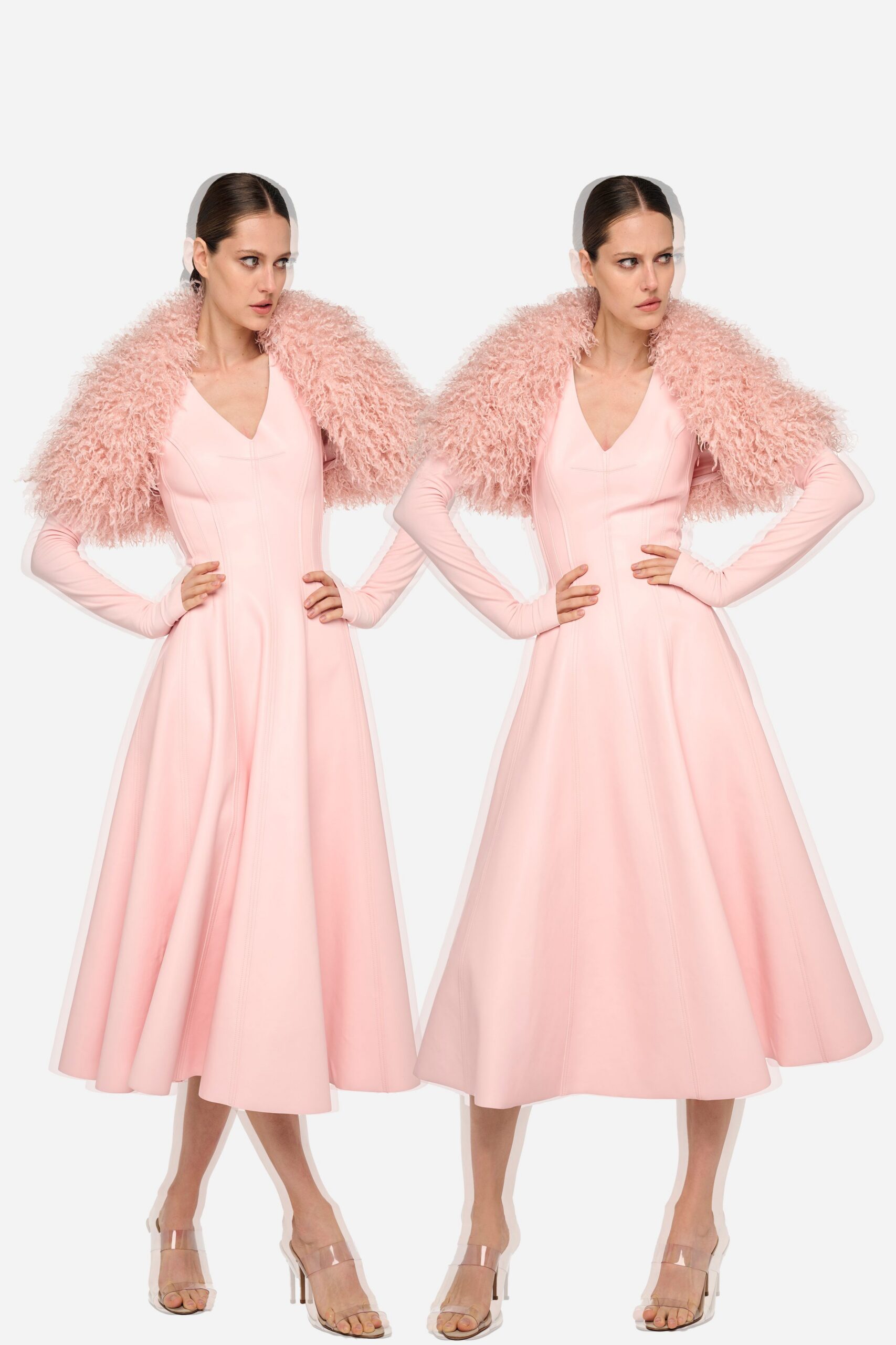 pink midi dress with fur cape