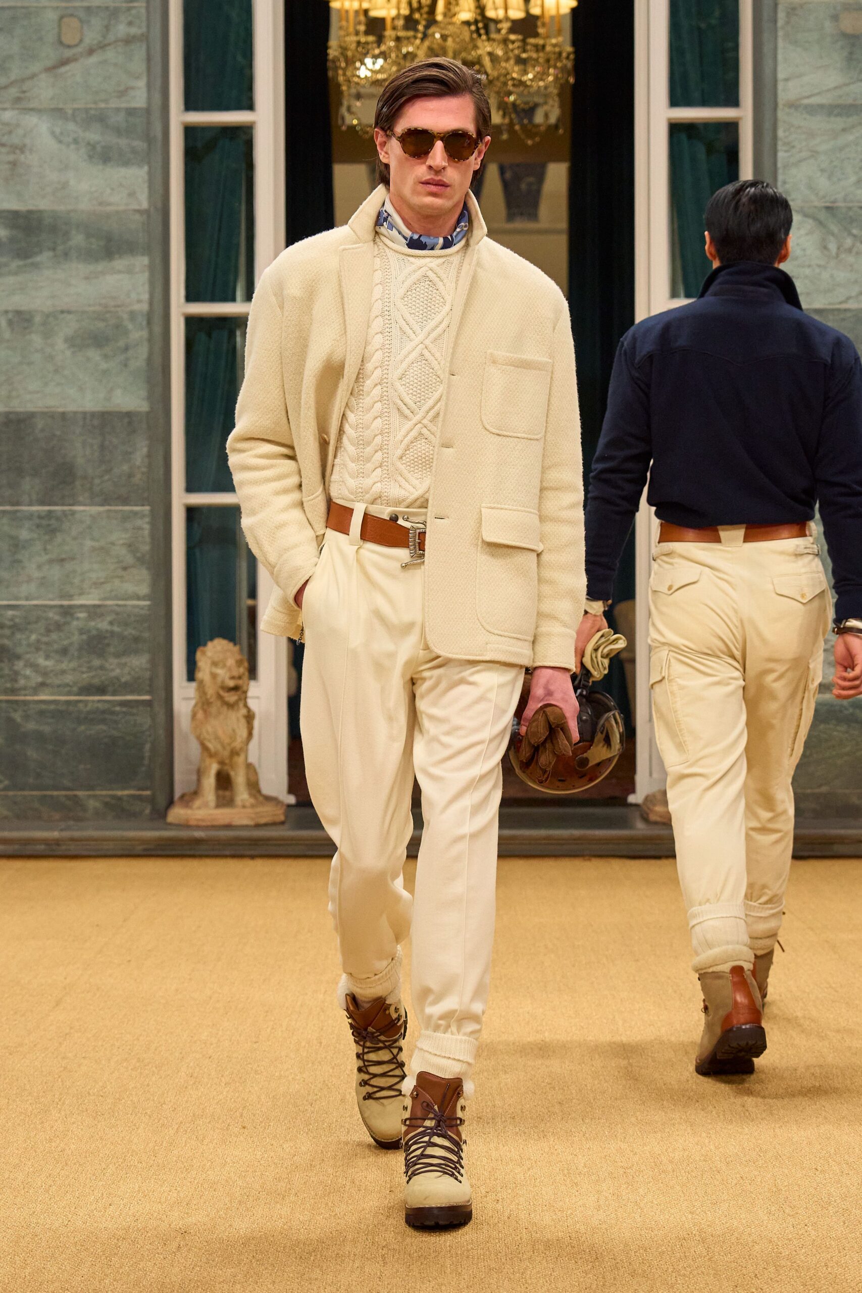 beige wool long-sleeve collared structured buttoned jacket