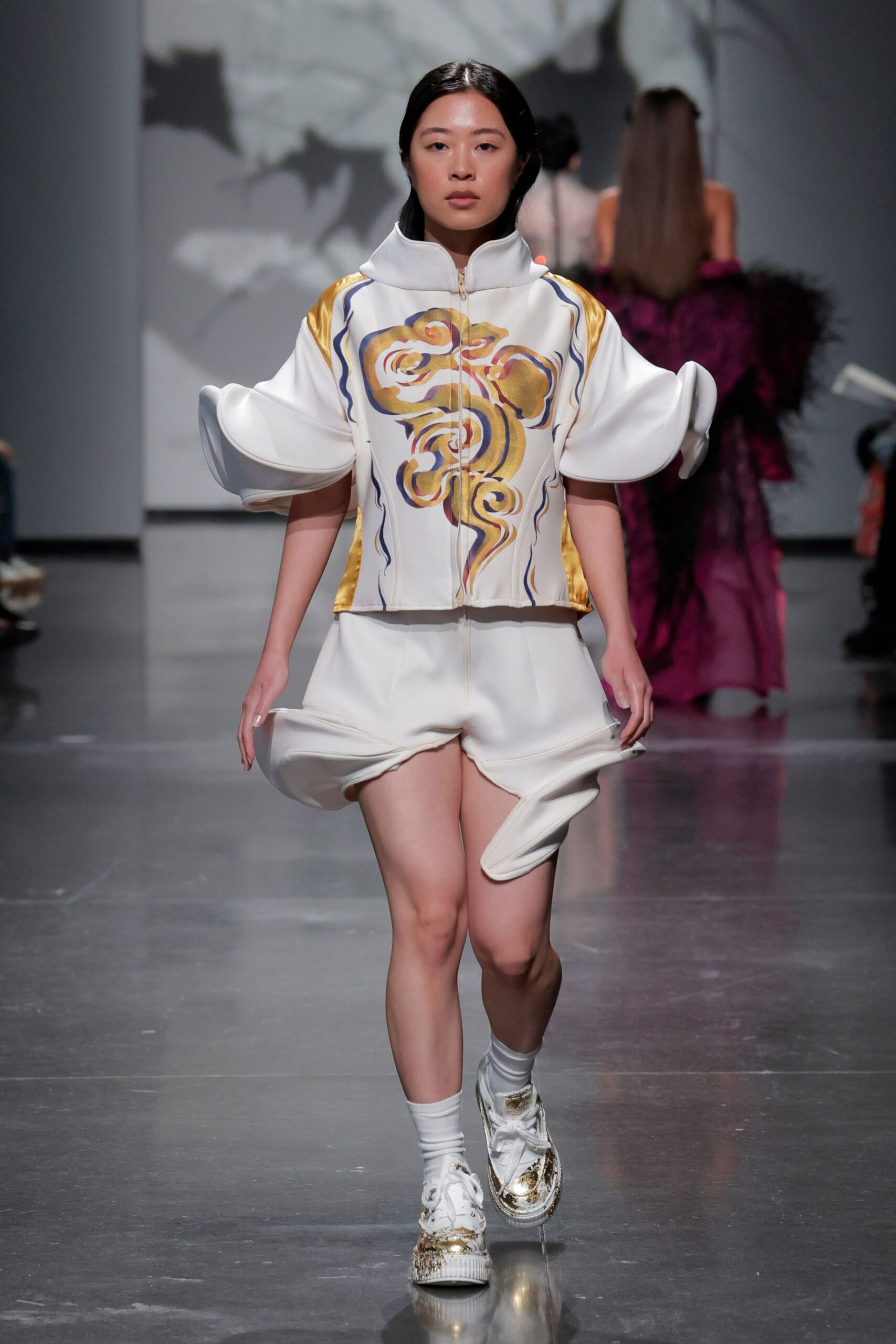 fitted white embroidered jacket with shorts