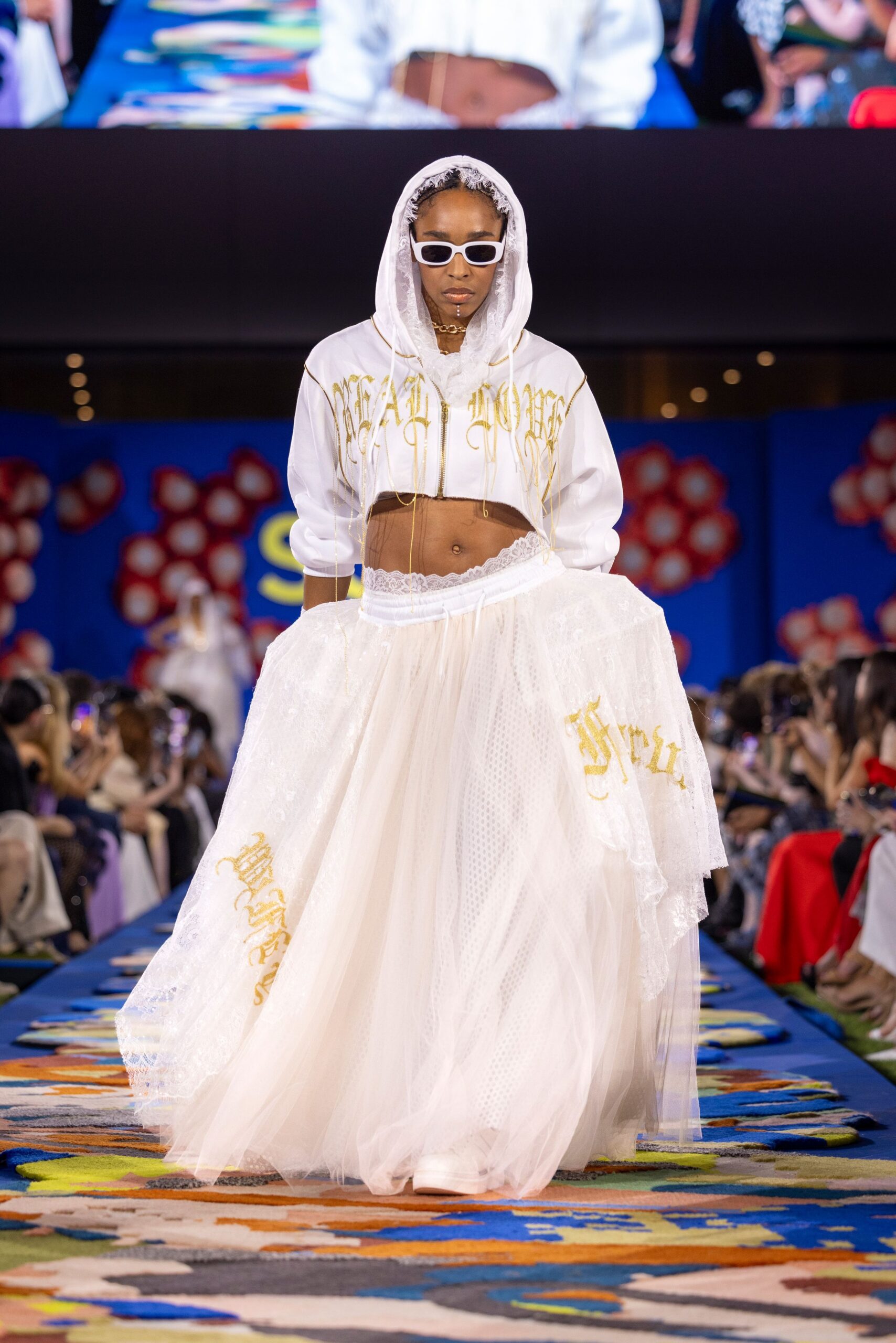 white cropped hoodie with tulle skirt