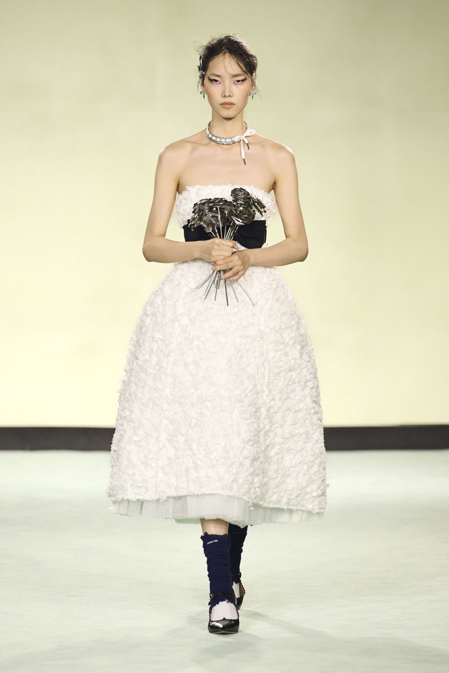 white cotton strapless fitted ruffled midi dress