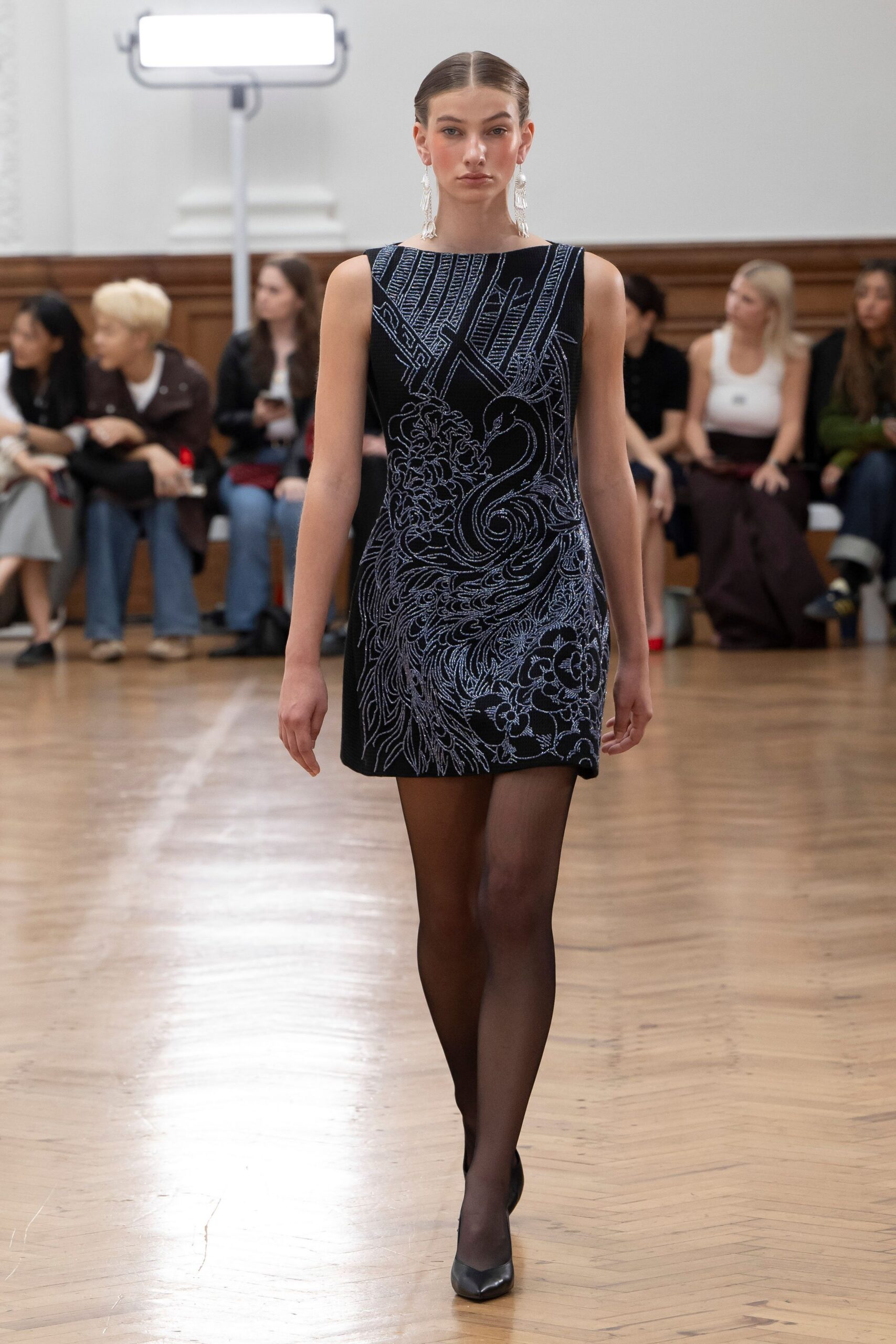 black silk sleeveless high-neck fitted embroidered mini mini-dress