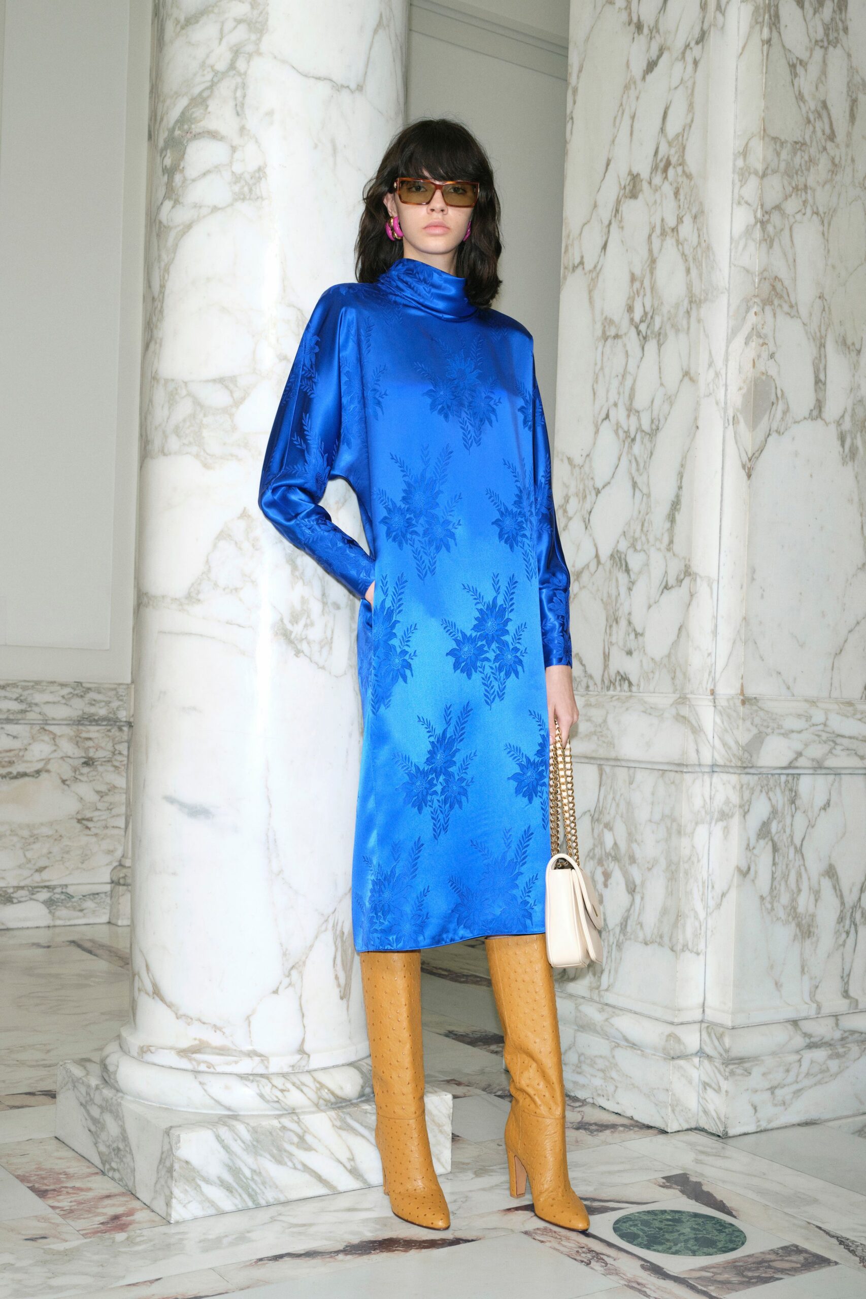 blue silk long-sleeve high-neck fitted embroidered shiny dress