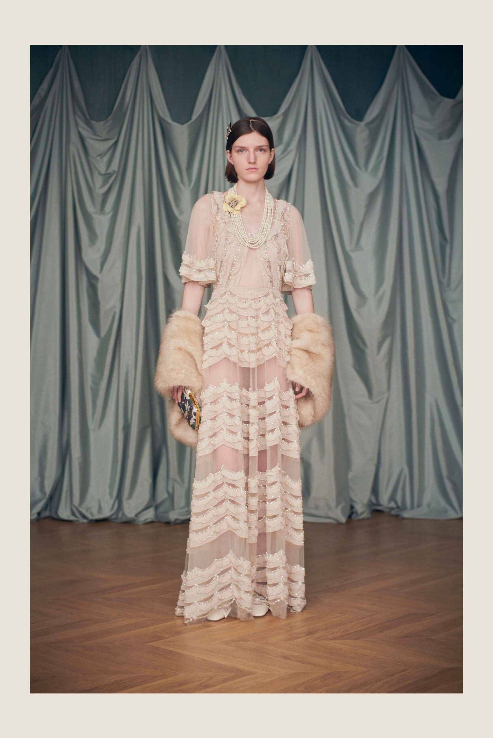 beige silk short-sleeve v-neck fitted ruffled layered gown