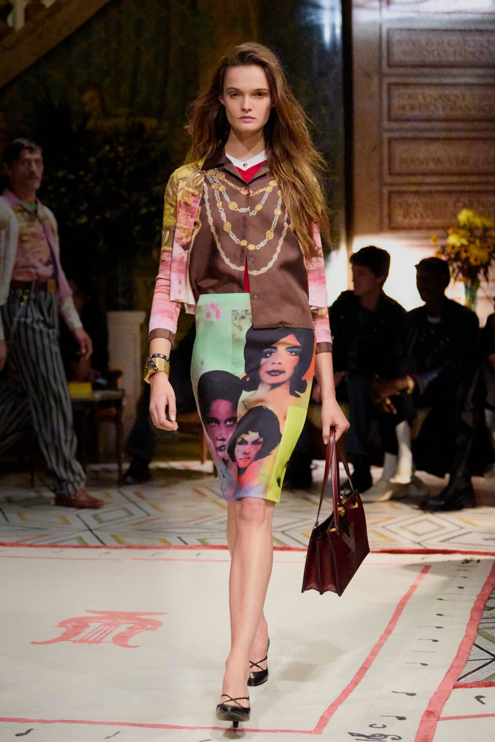 multi silk fitted pencil skirt