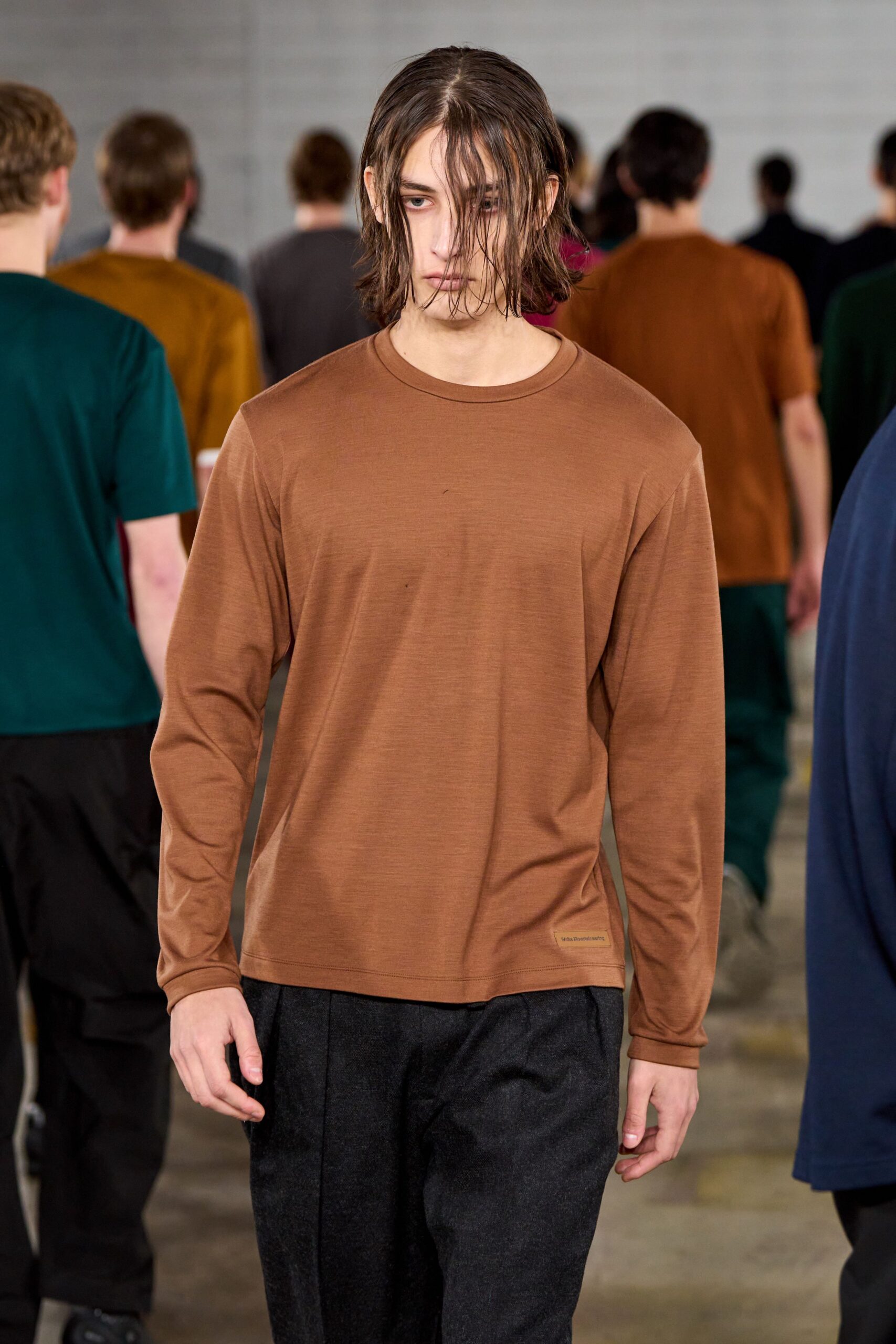brown relaxed long-sleeve shirt with black pants