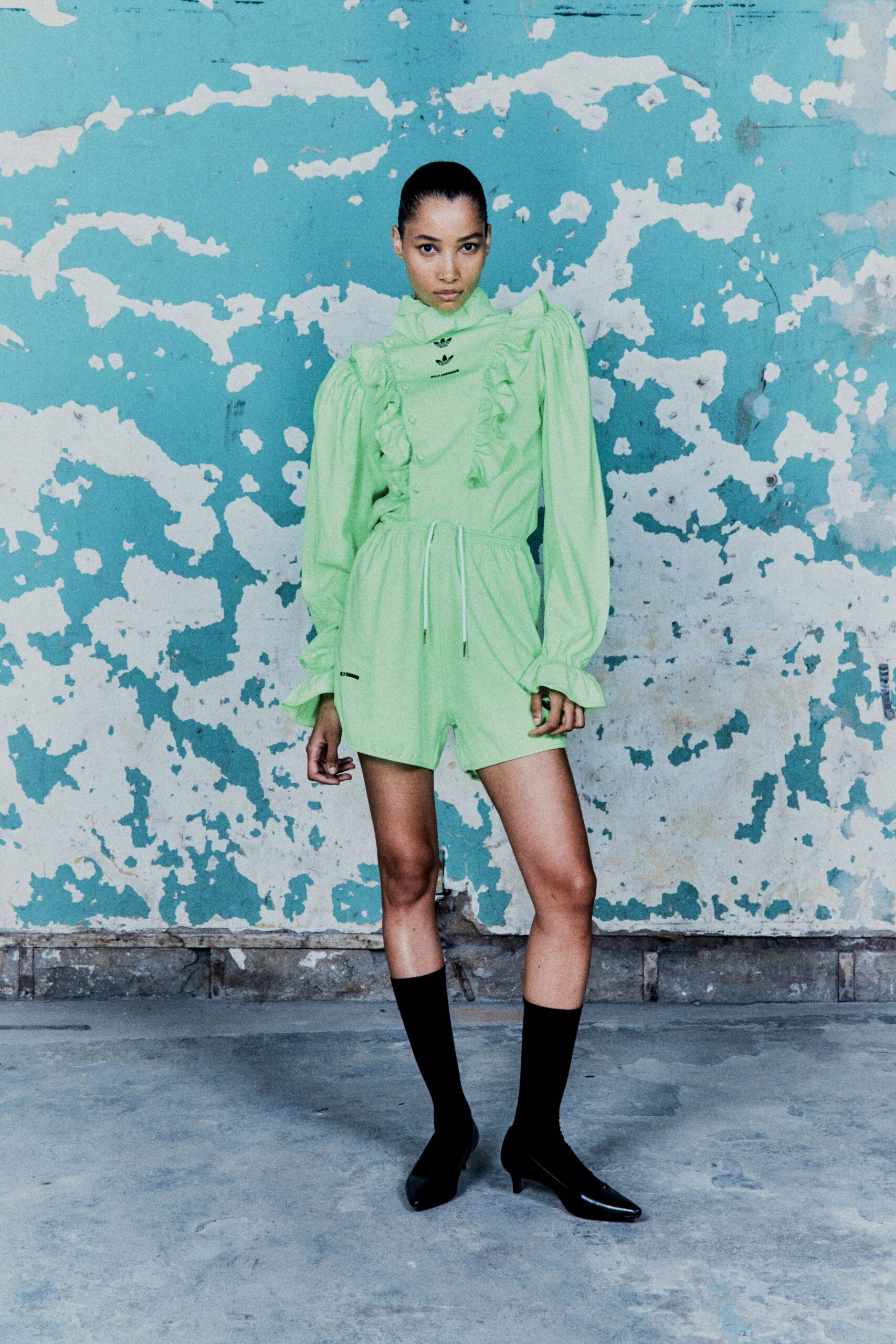 green cotton long-sleeve high-neck fitted ruffled mini dress