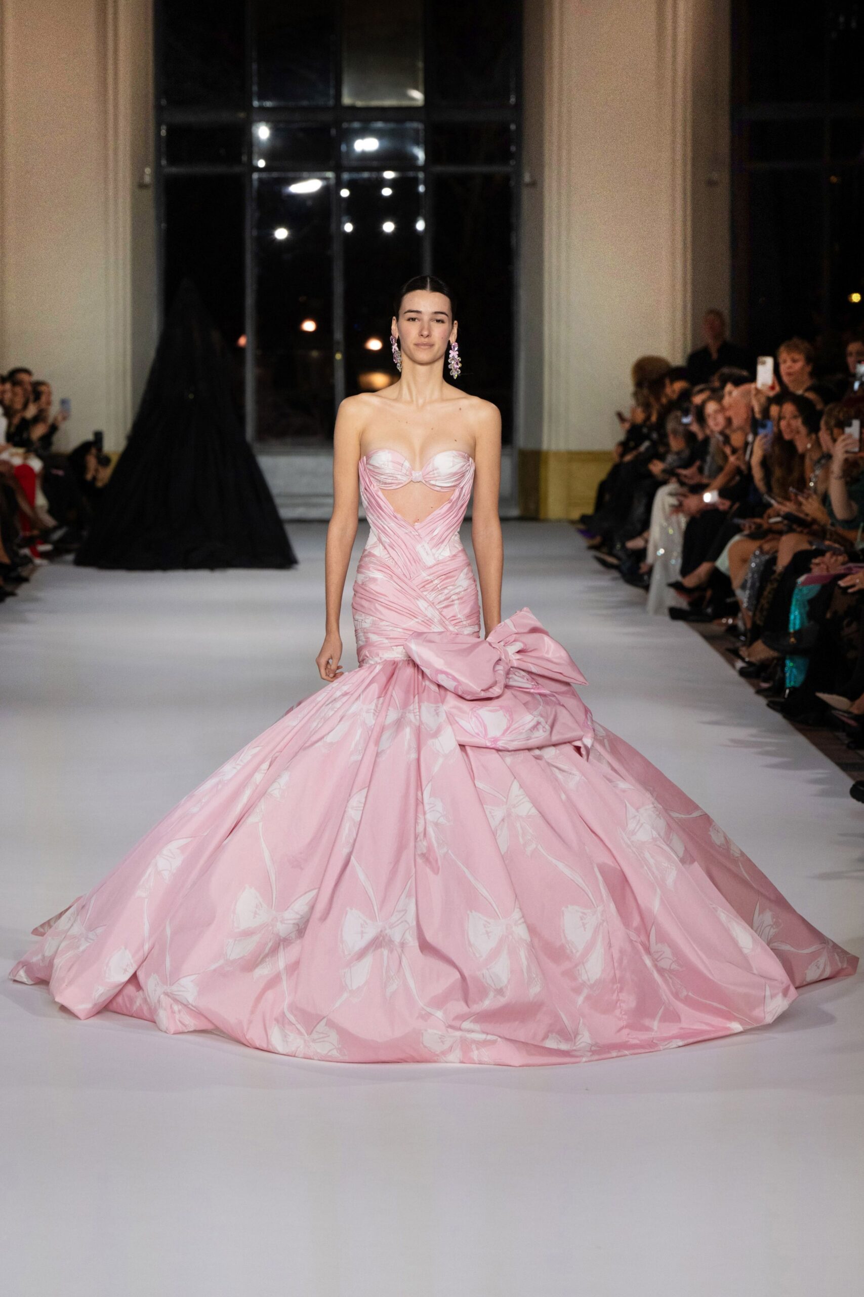 pink silk strapless gown