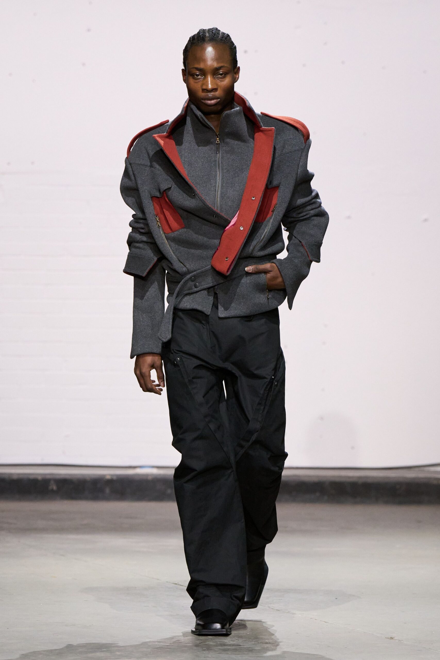 gray wool long-sleeve collared structured zippered layered jacket