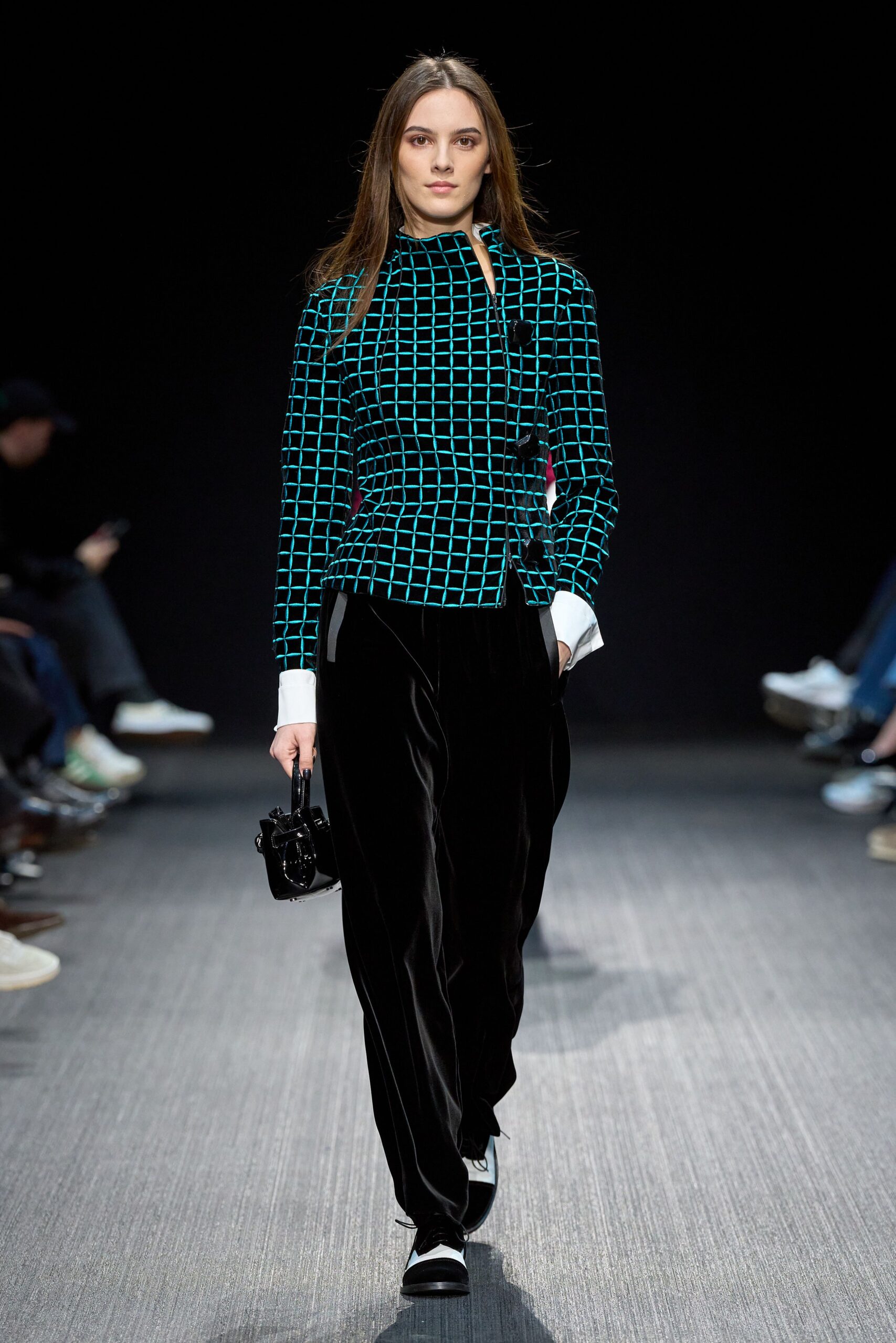 fitted blue printed top with relaxed black pants