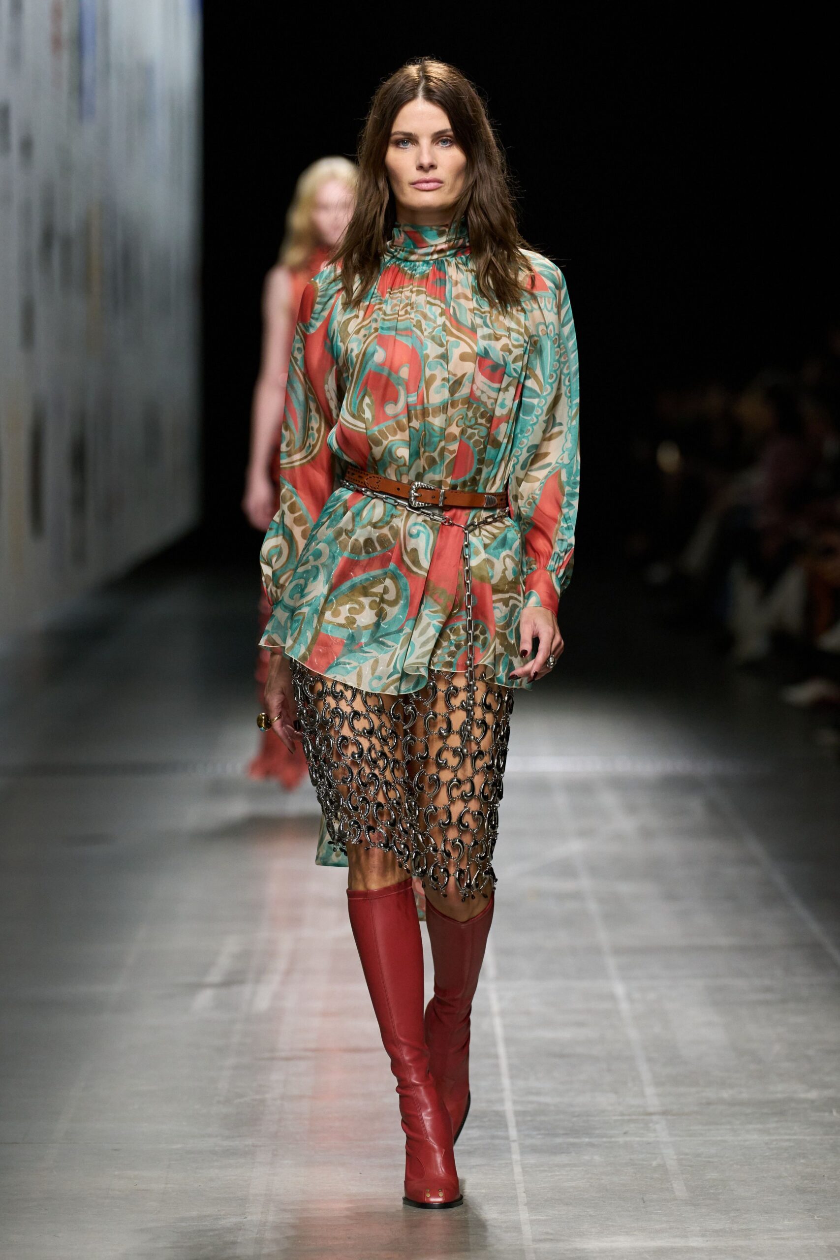 multi silk long-sleeve collared relaxed layered belted dress