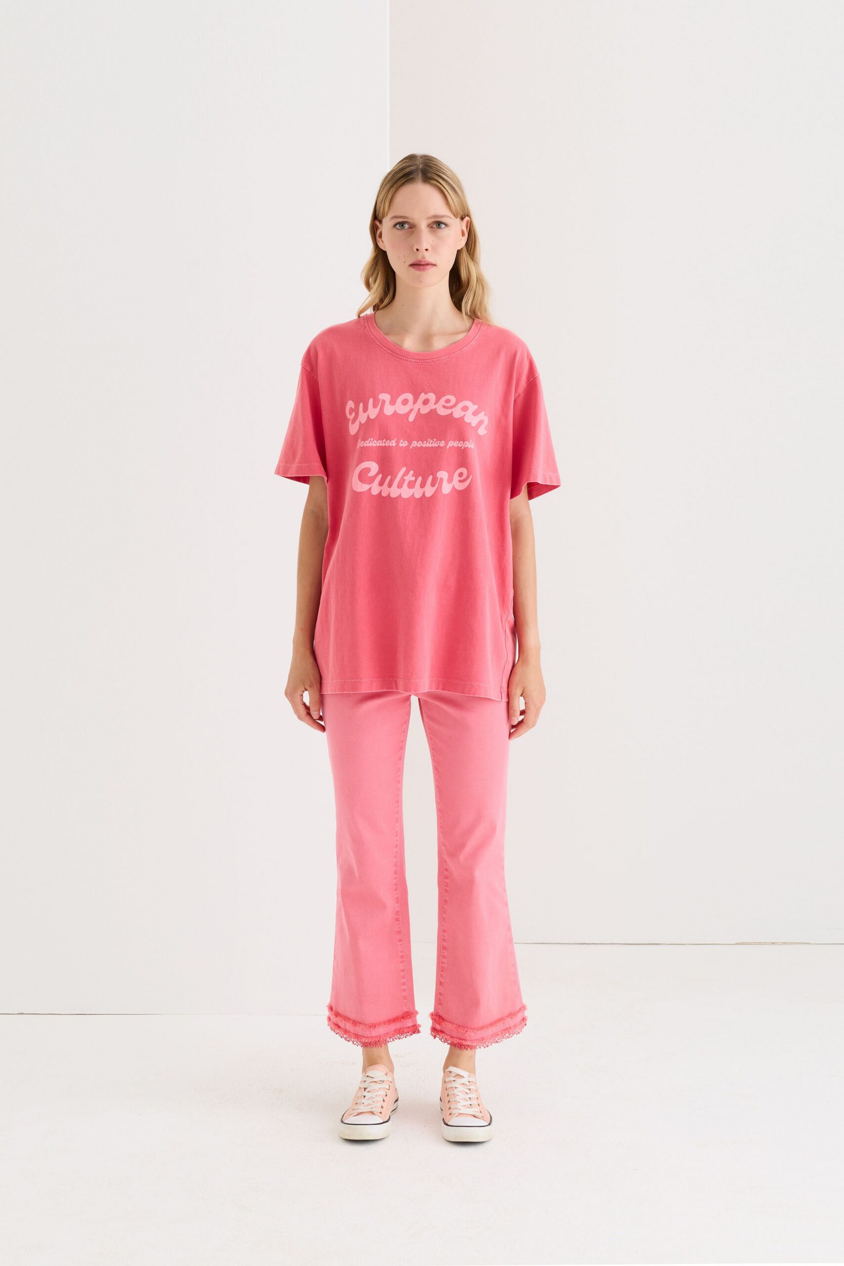 pink denim fitted flared pants