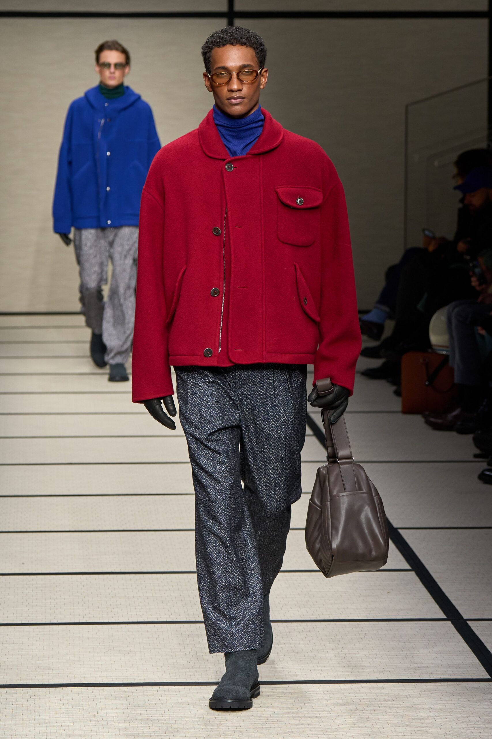 red wool long-sleeve collared relaxed buttoned jacket