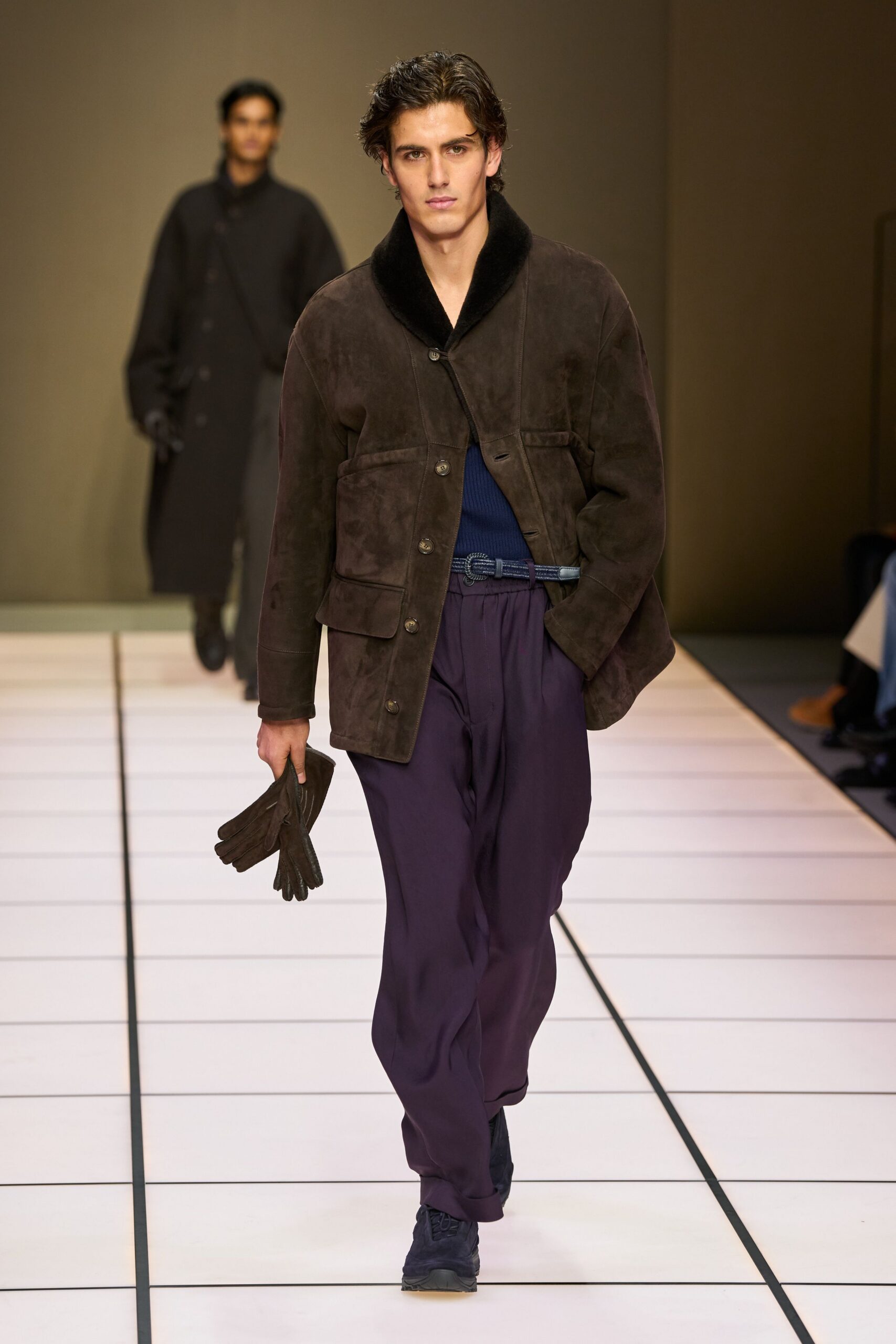 brown suede jacket with blue top
