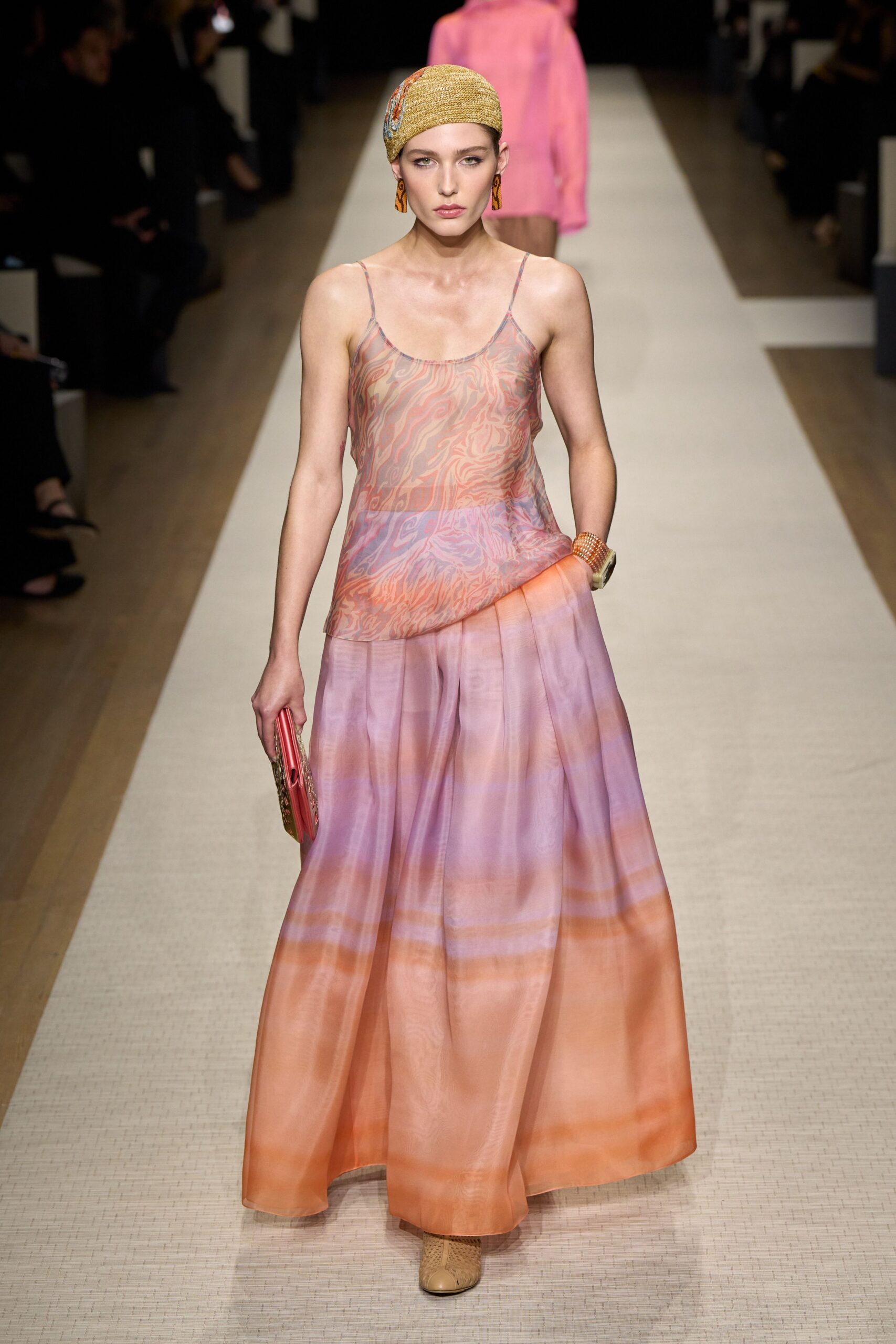 orange silk sleeveless v-neck fitted layered dress