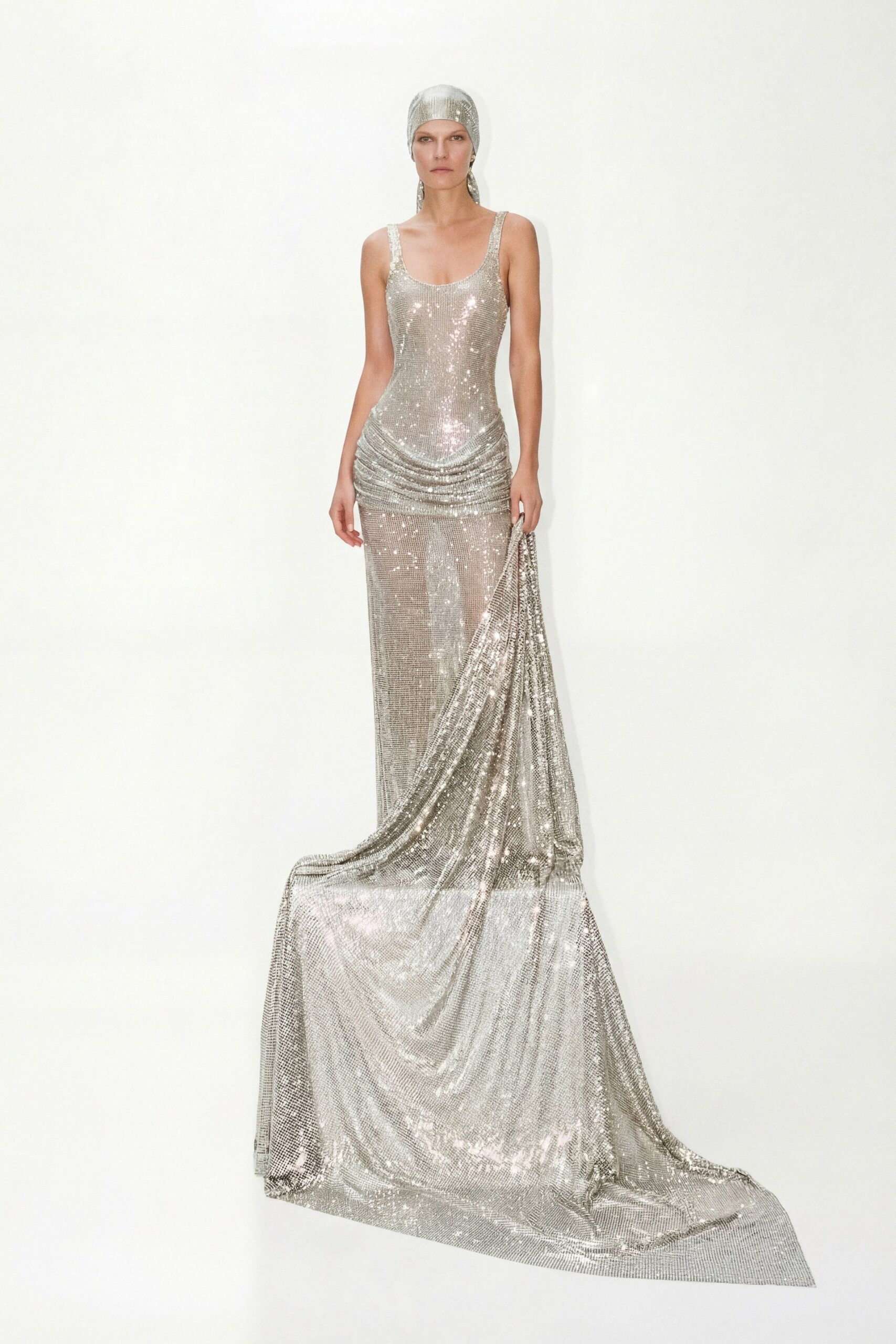 fitted silver sequin gown