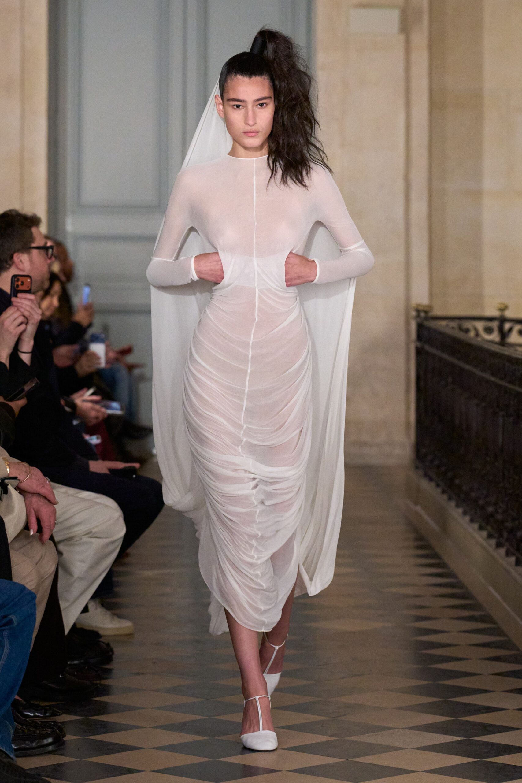white fitted midi dress with sheer detail