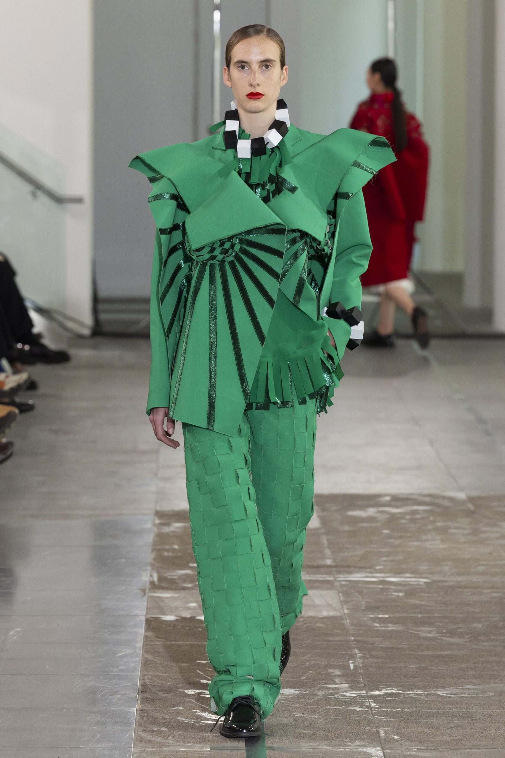 green cotton long-sleeve collared structured pleated layered jacket