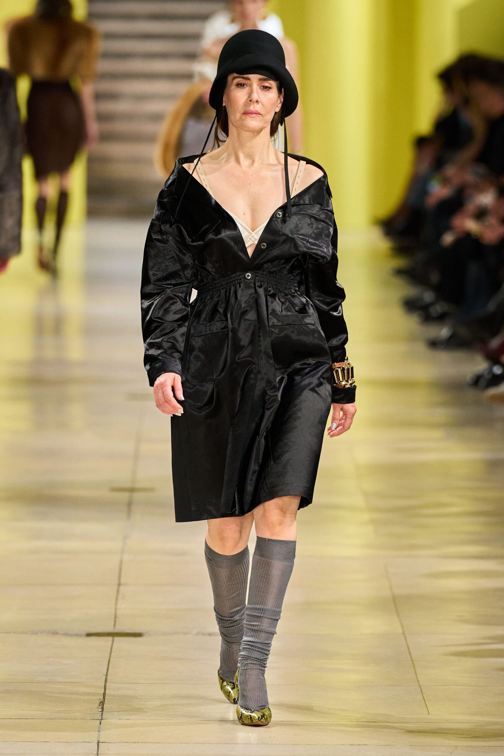 black silk long-sleeve v-neck fitted buttoned draped dress