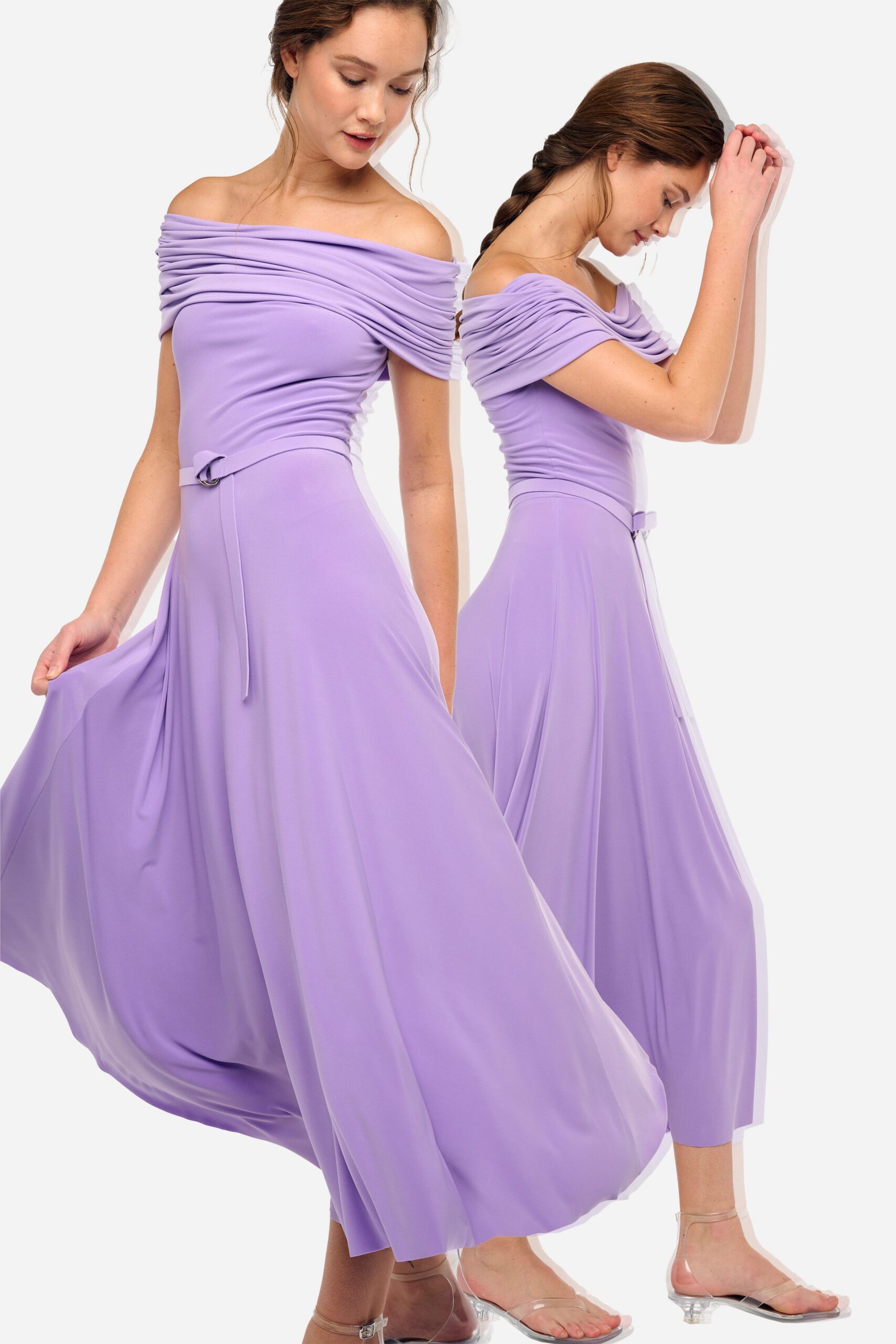 purple off-shoulder midi dress with clear shoes