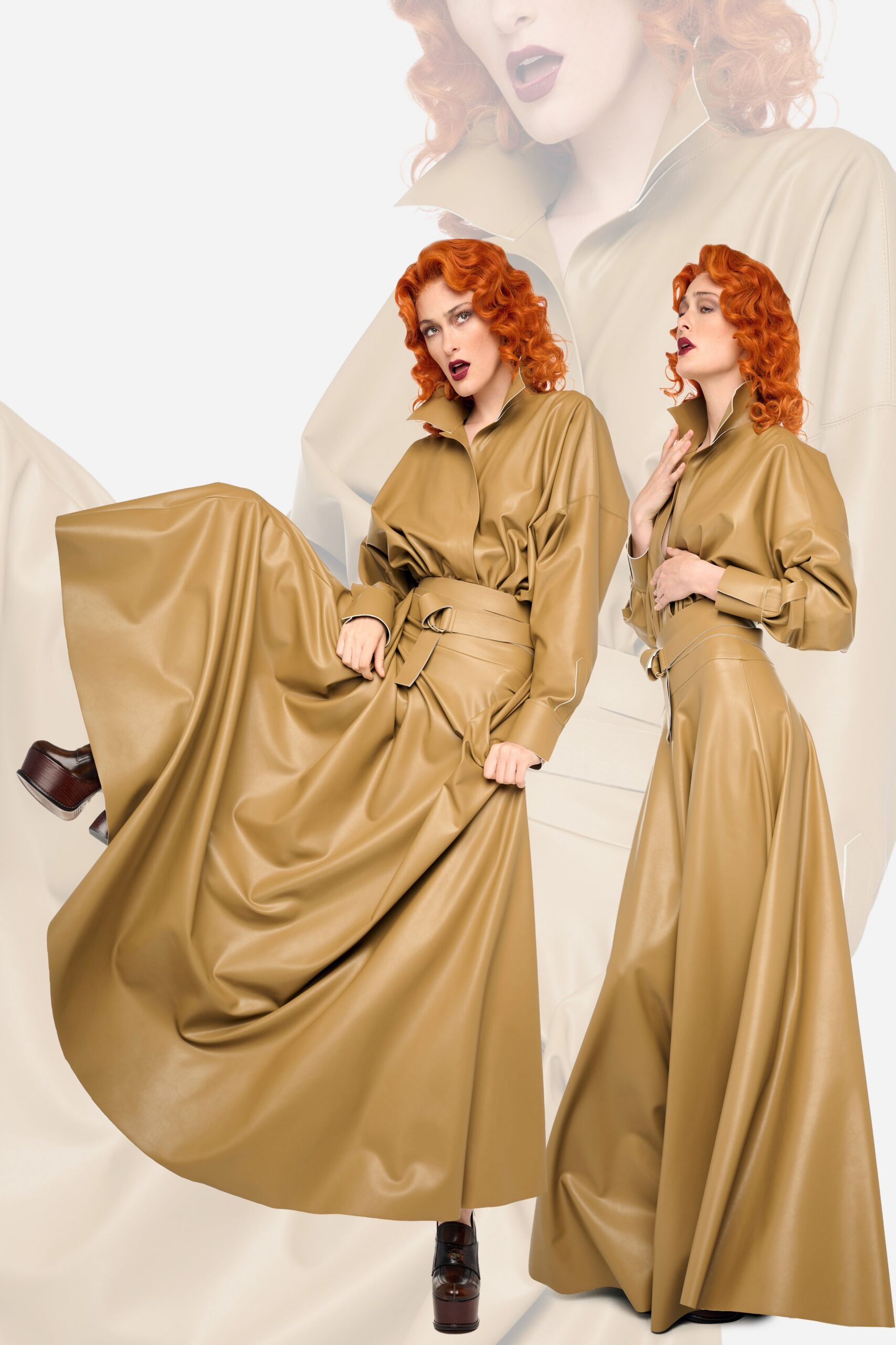 beige leather long-sleeve collared fitted belted pleated dress