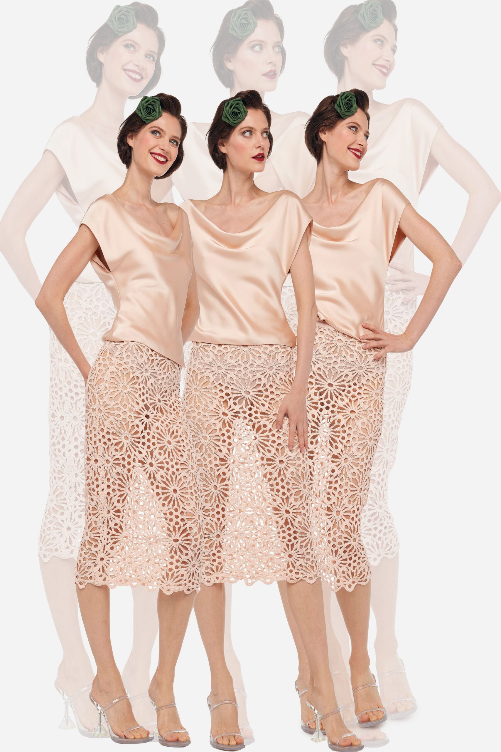 beige lace fitted flared embroidered midi skirt