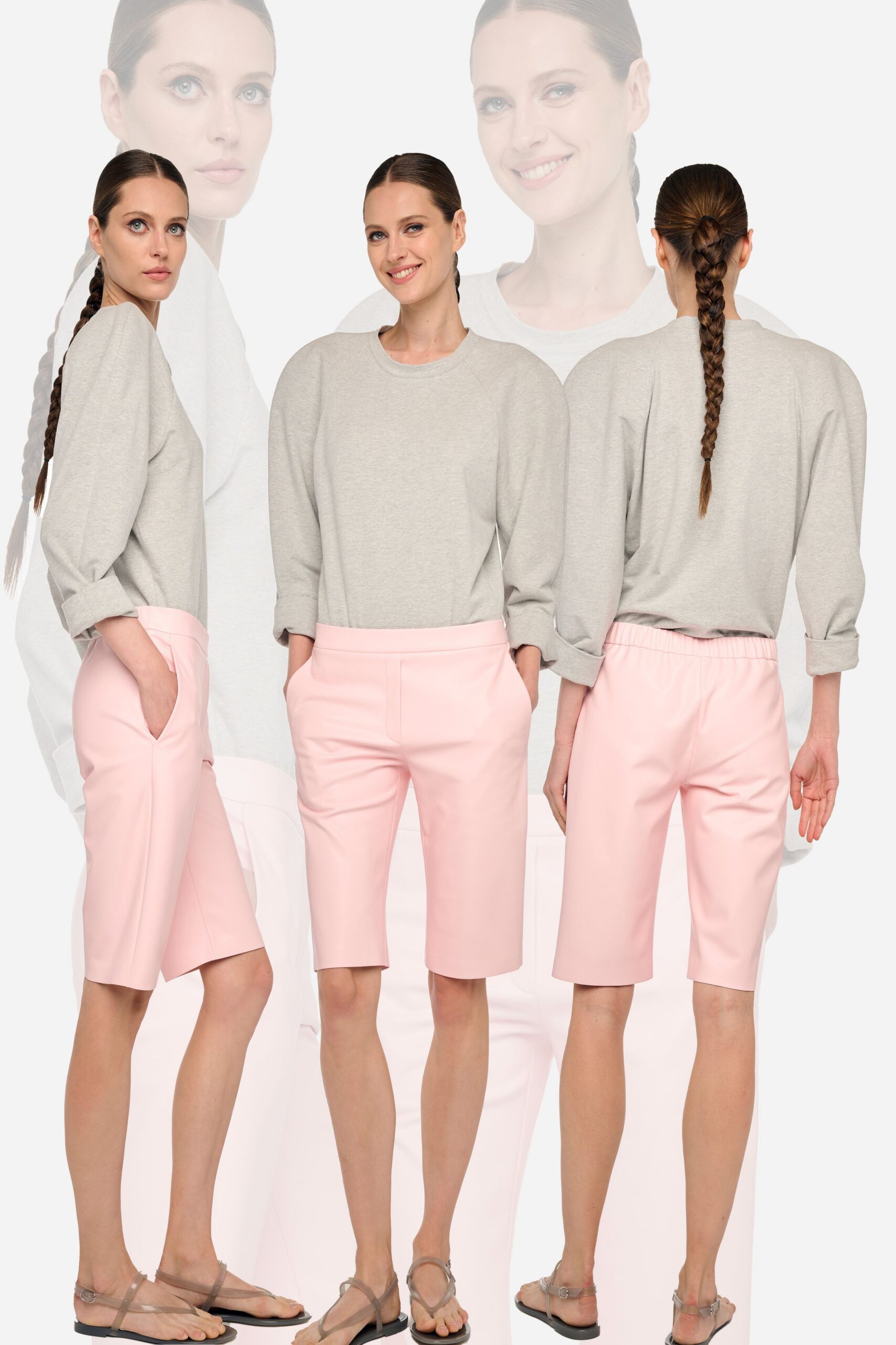 gray relaxed top with pink shorts