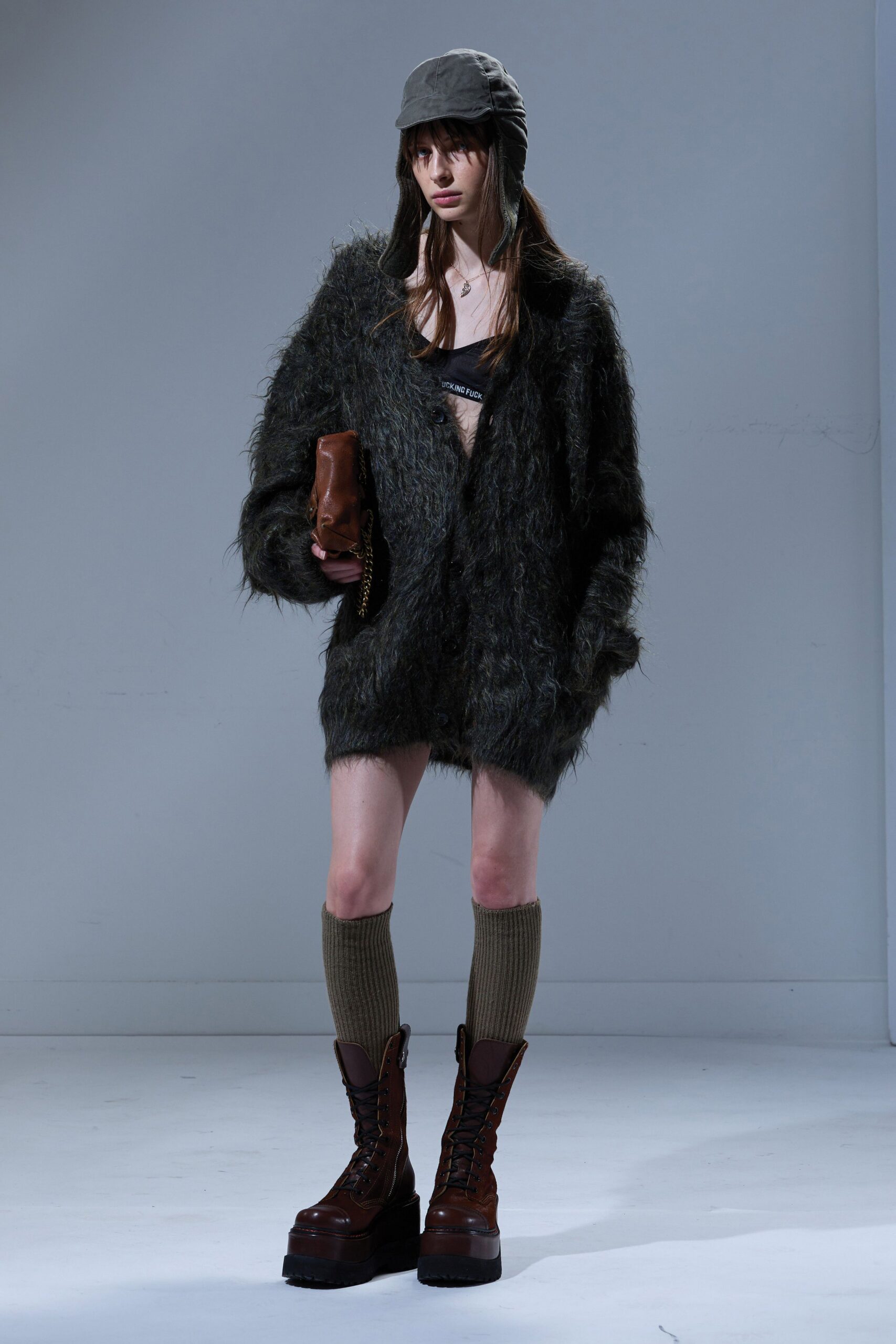 green fur long-sleeve oversized textured cardigan
