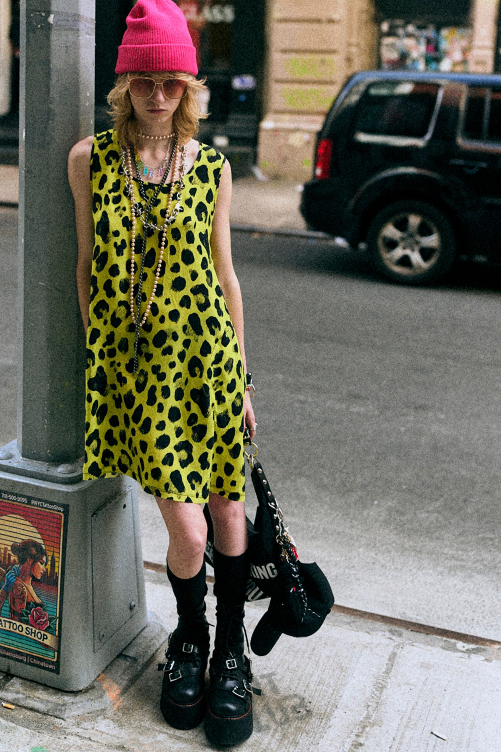 yellow animal-print mini dress