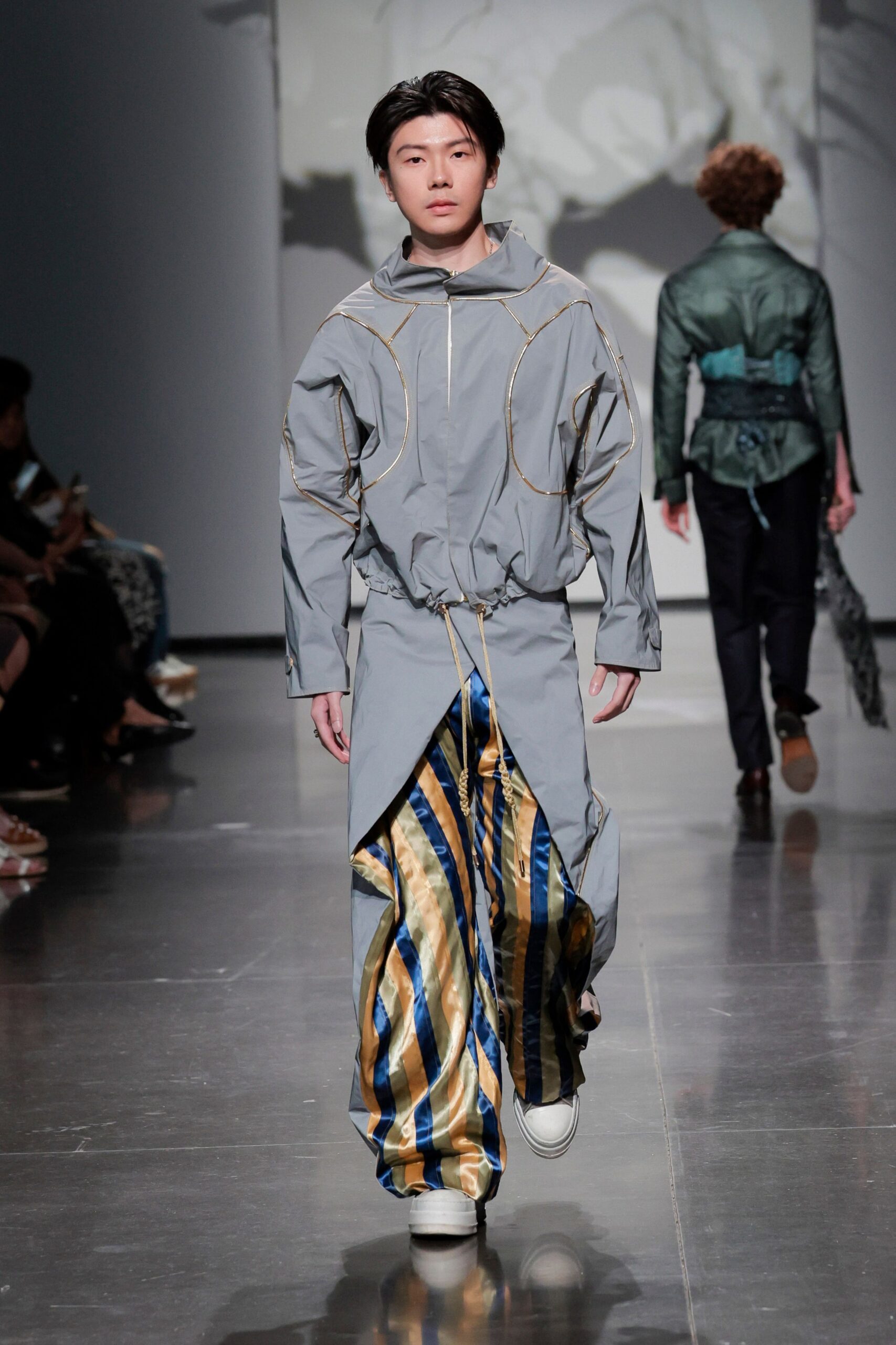 gray jacket blue gold striped pants