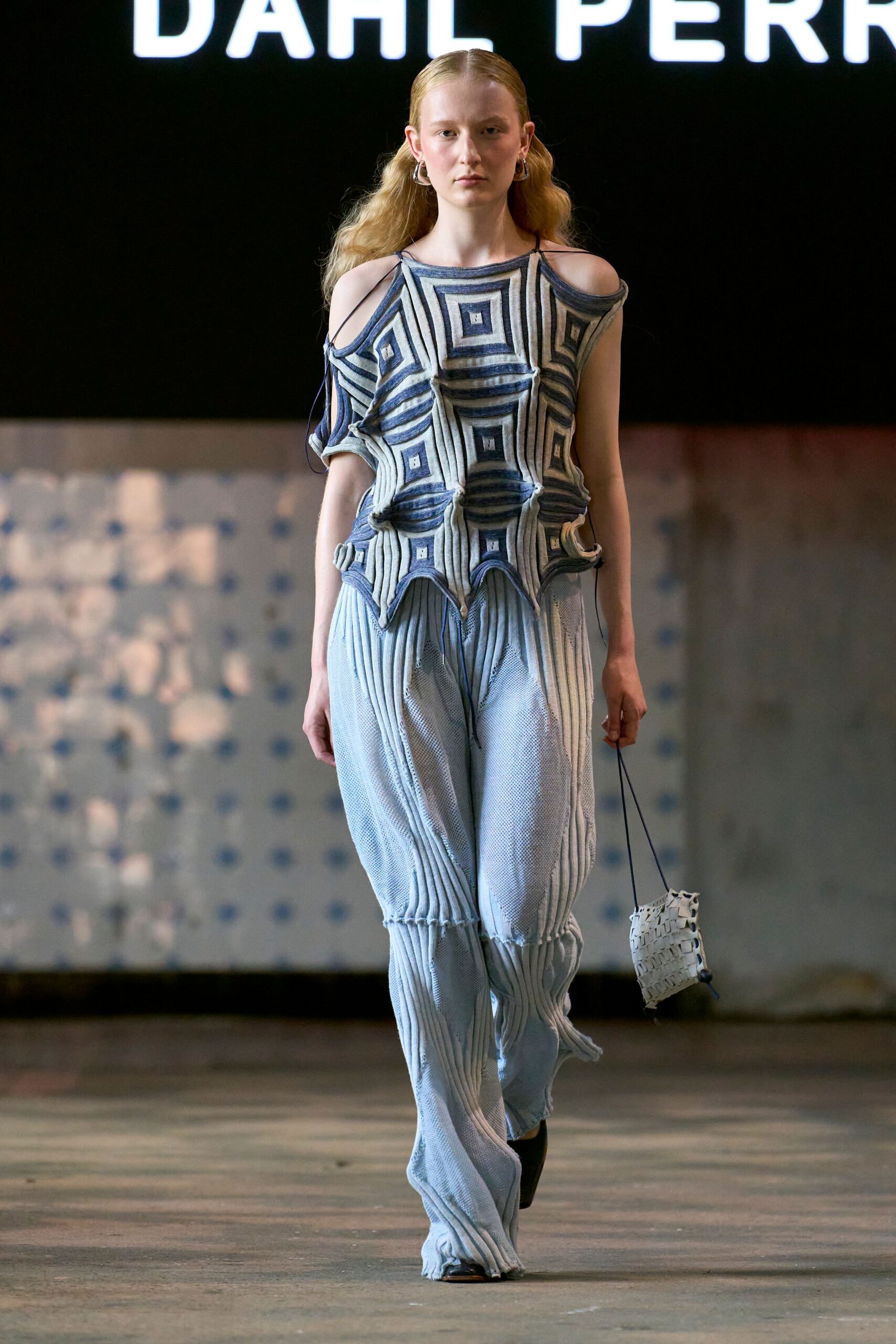 blue and white printed top with relaxed pants