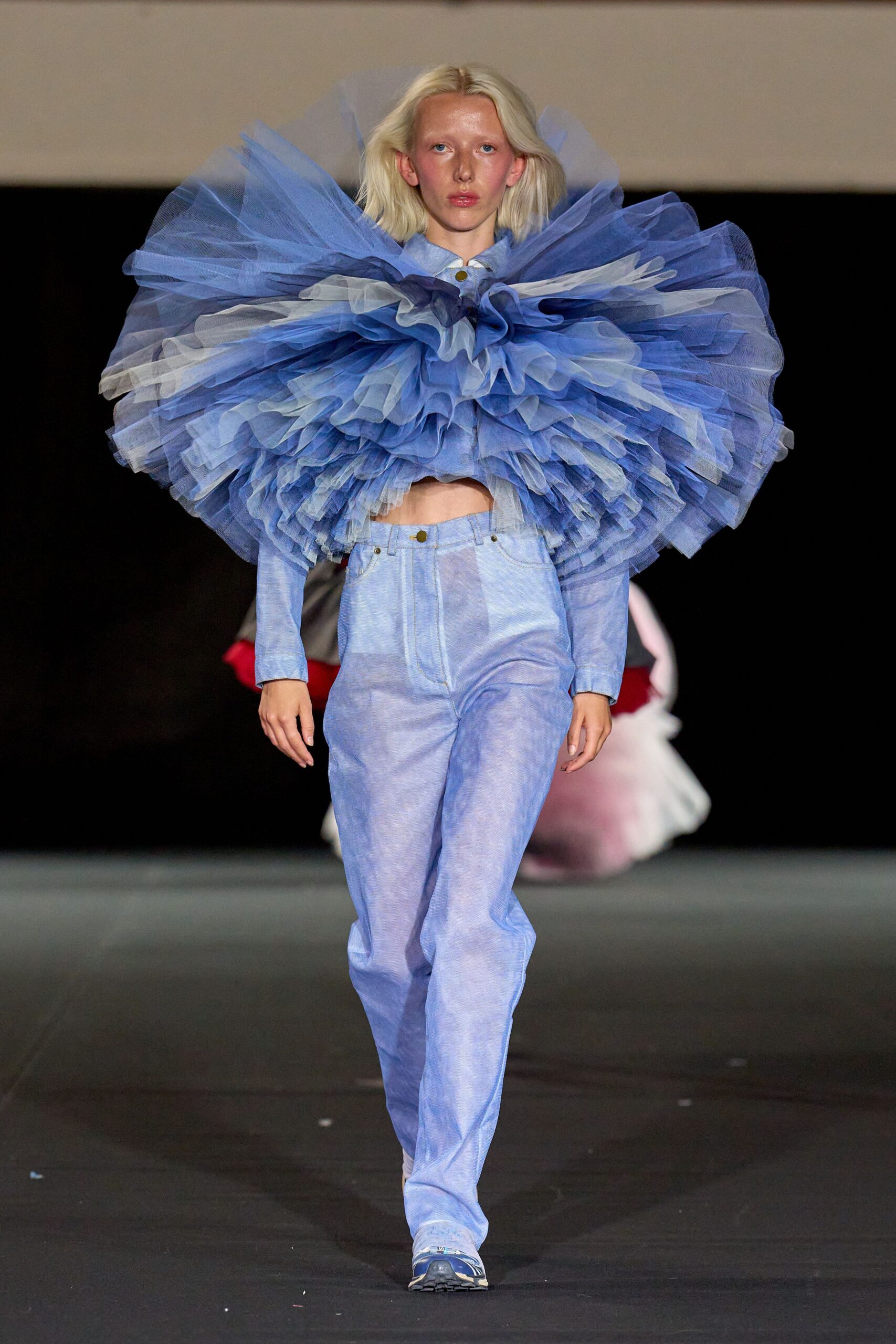 blue tulle long-sleeve collared fitted ruffled flowing top