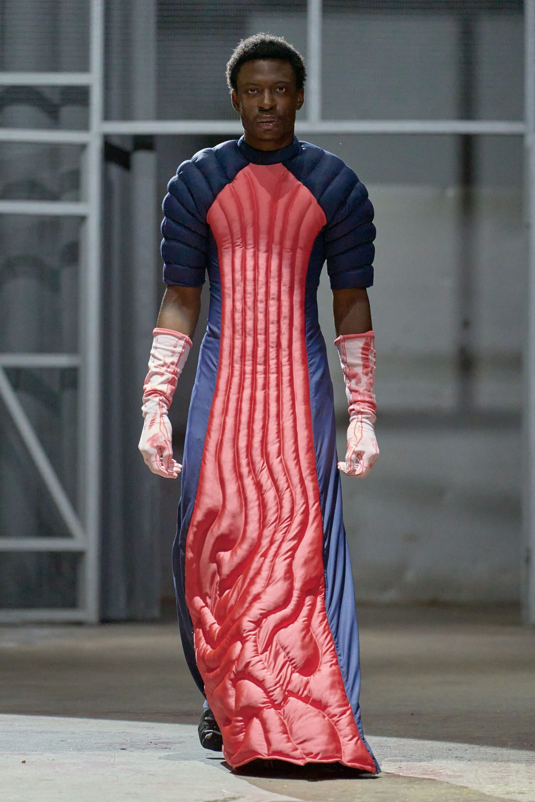 red silk long-sleeve high-neck fitted pleated draped gown