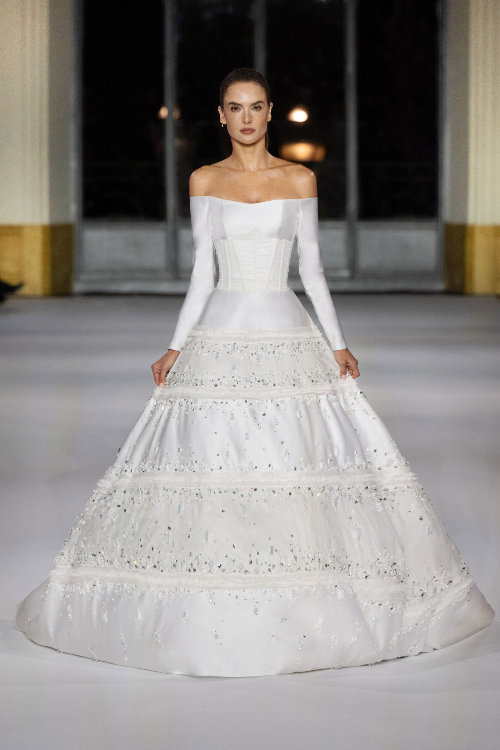white off-shoulder embroidered gown