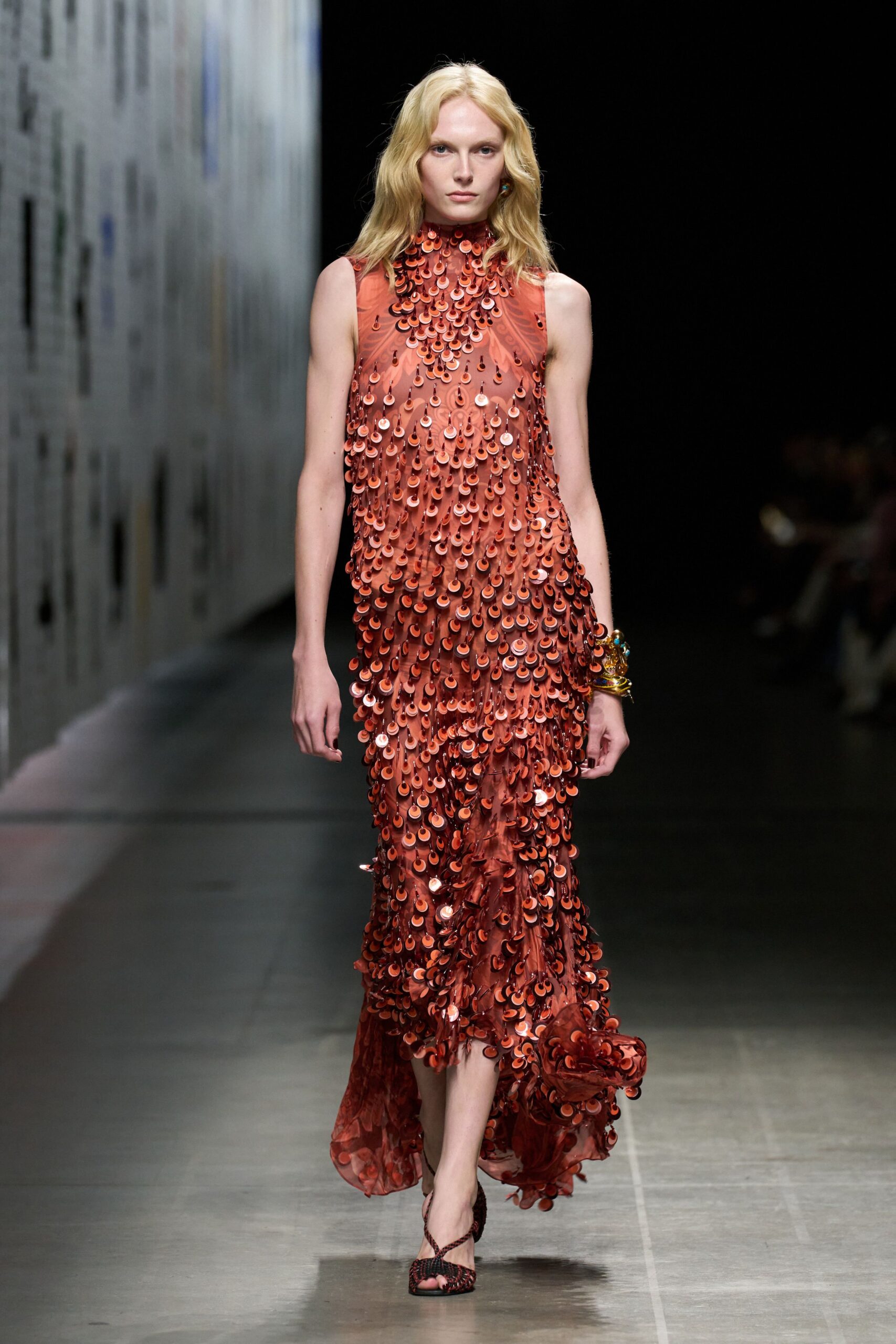orange embellished maxi gown with heels